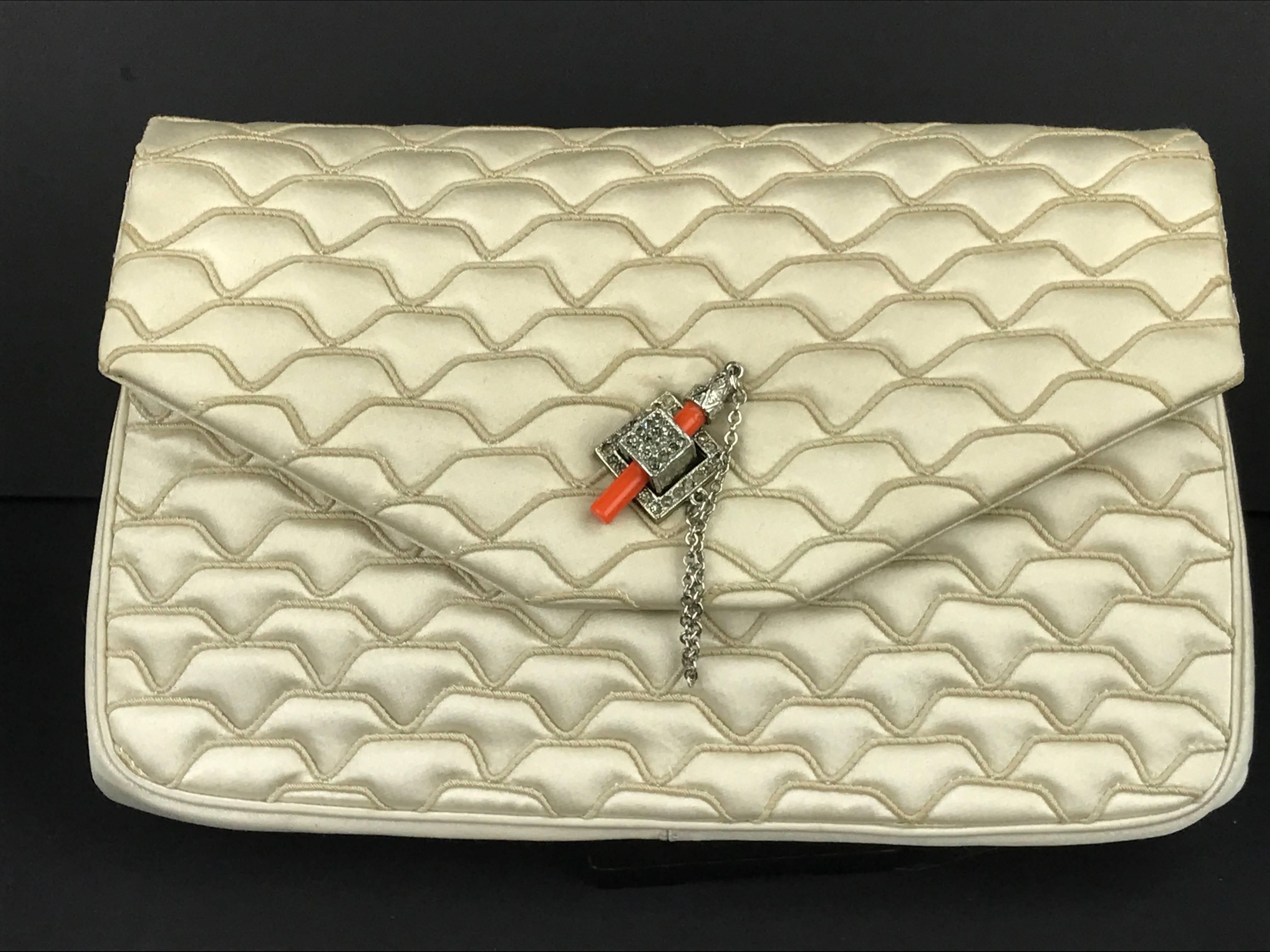 Judith Leiber Quilted Champagne Silk Bag with Faux Coral Clasp, 1980's For Sale 4