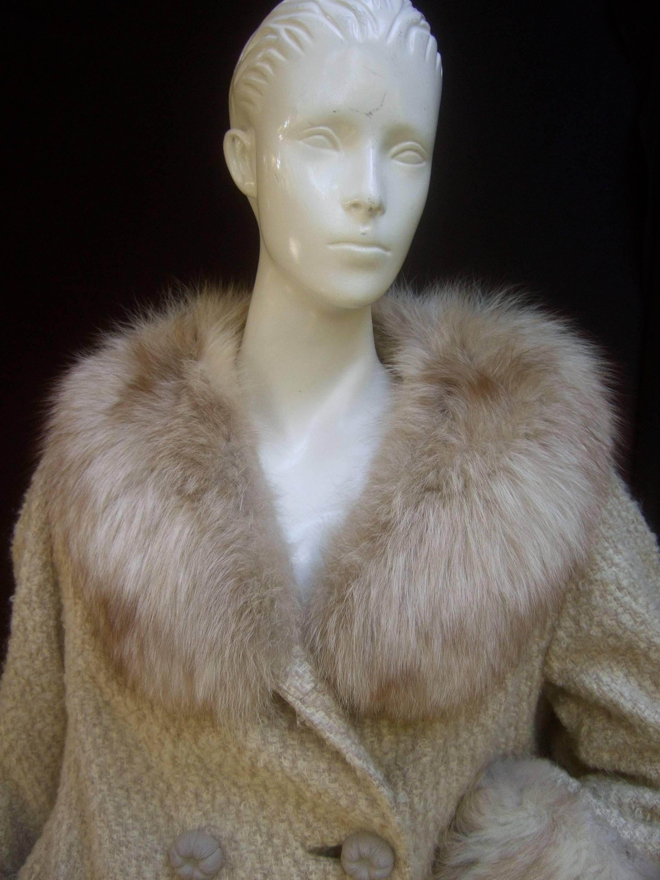 Brown Neiman Marcus Fox Trim Ivory Boucle Wool Knit Jacket c 1970s 