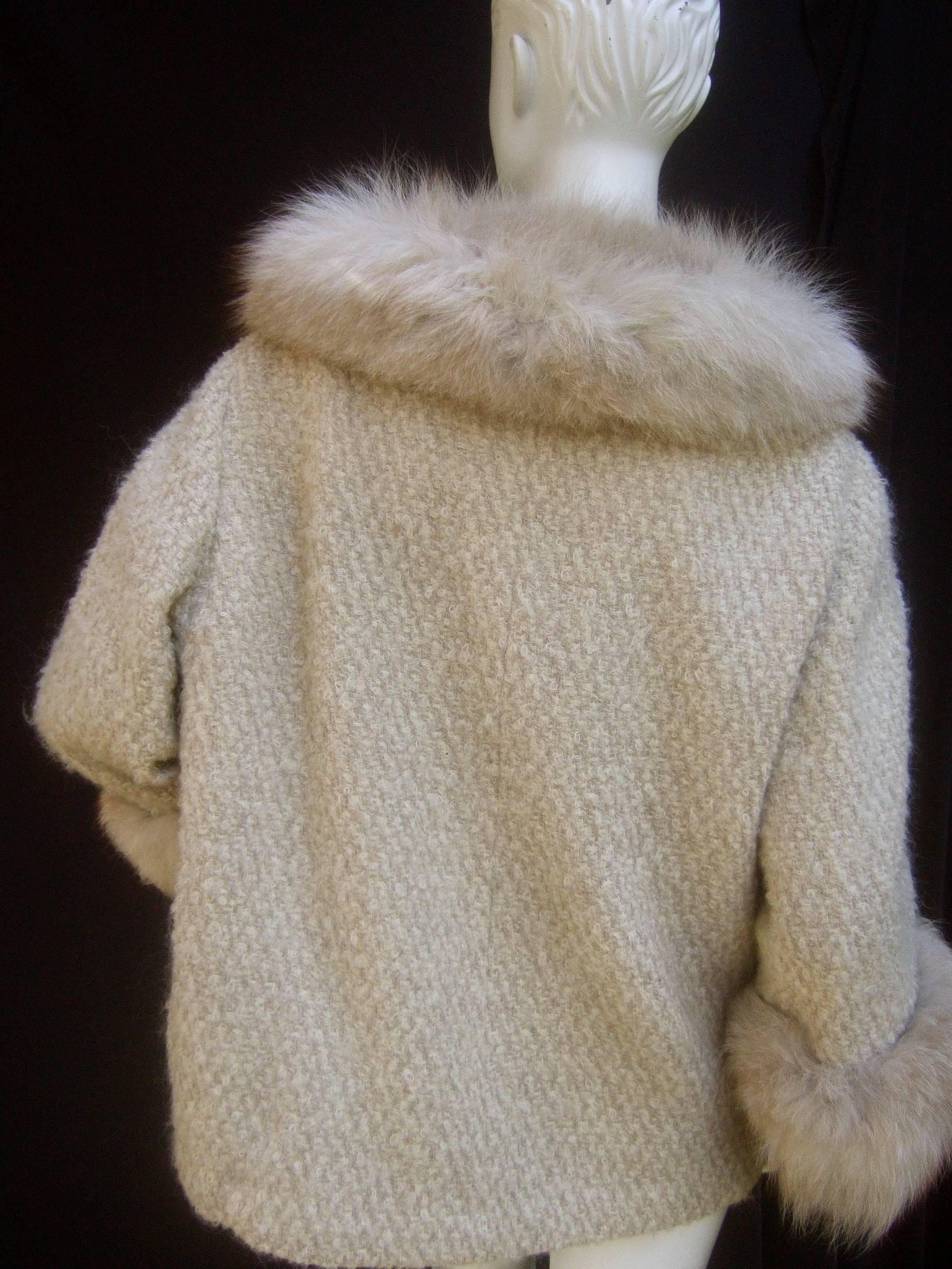 Neiman Marcus Fox Trim Ivory Boucle Wool Knit Jacket c 1970s  3