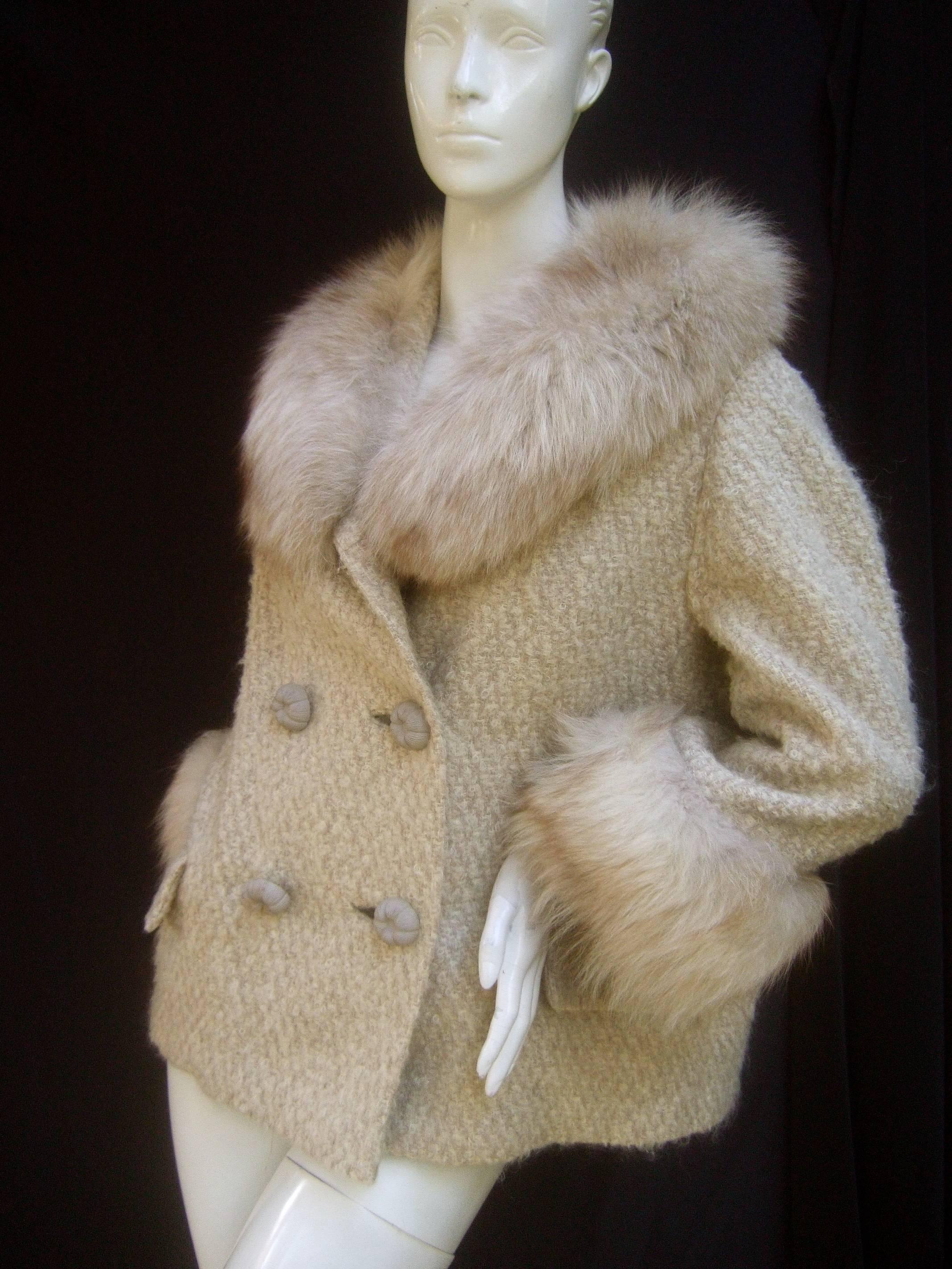 Neiman Marcus Fox Trim Ivory Boucle Wool Knit Jacket c 1970s  2
