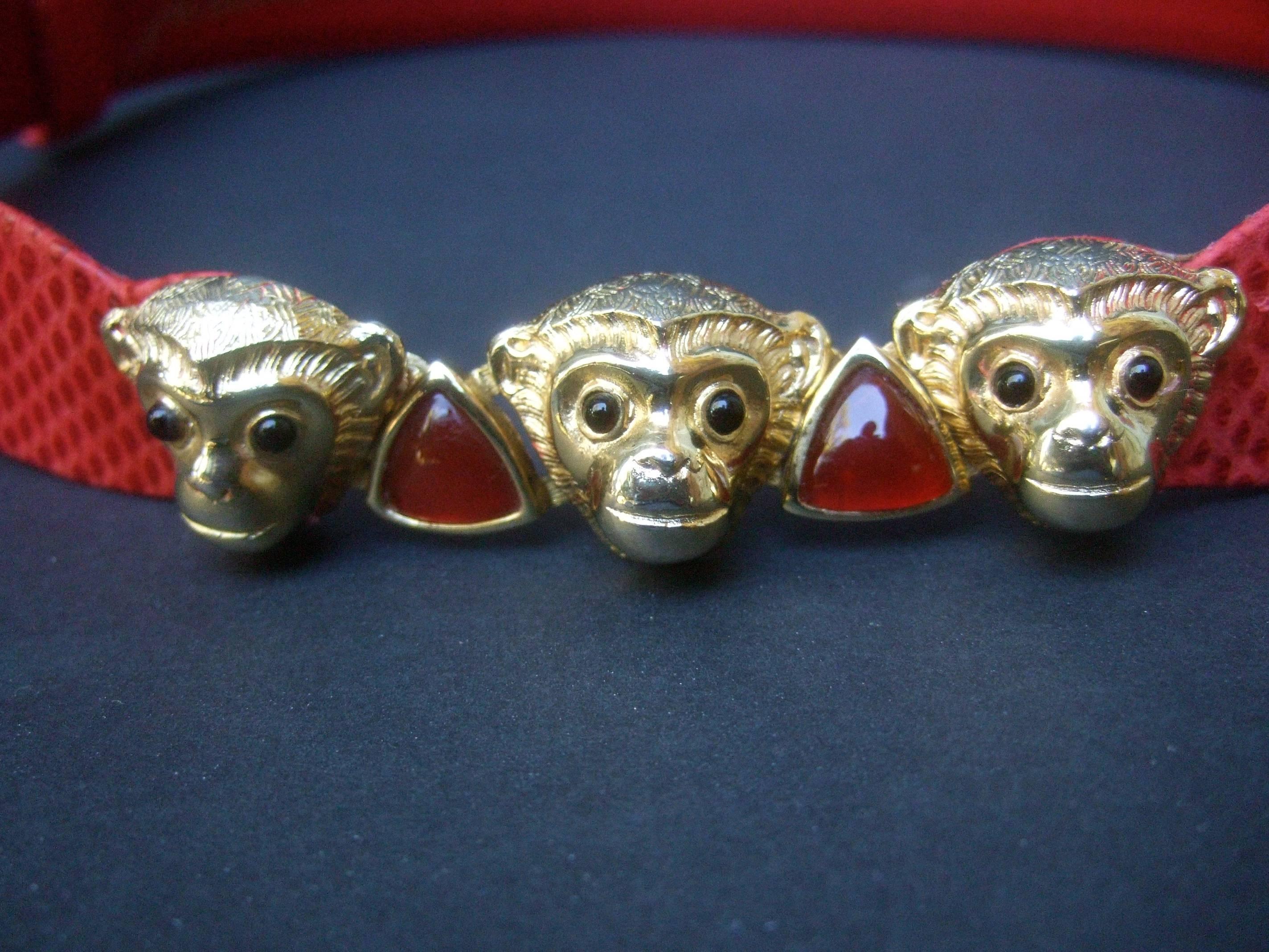 Judith Leiber Charming Monkey Buckle Red Leather Belt c 1980s In Good Condition In University City, MO
