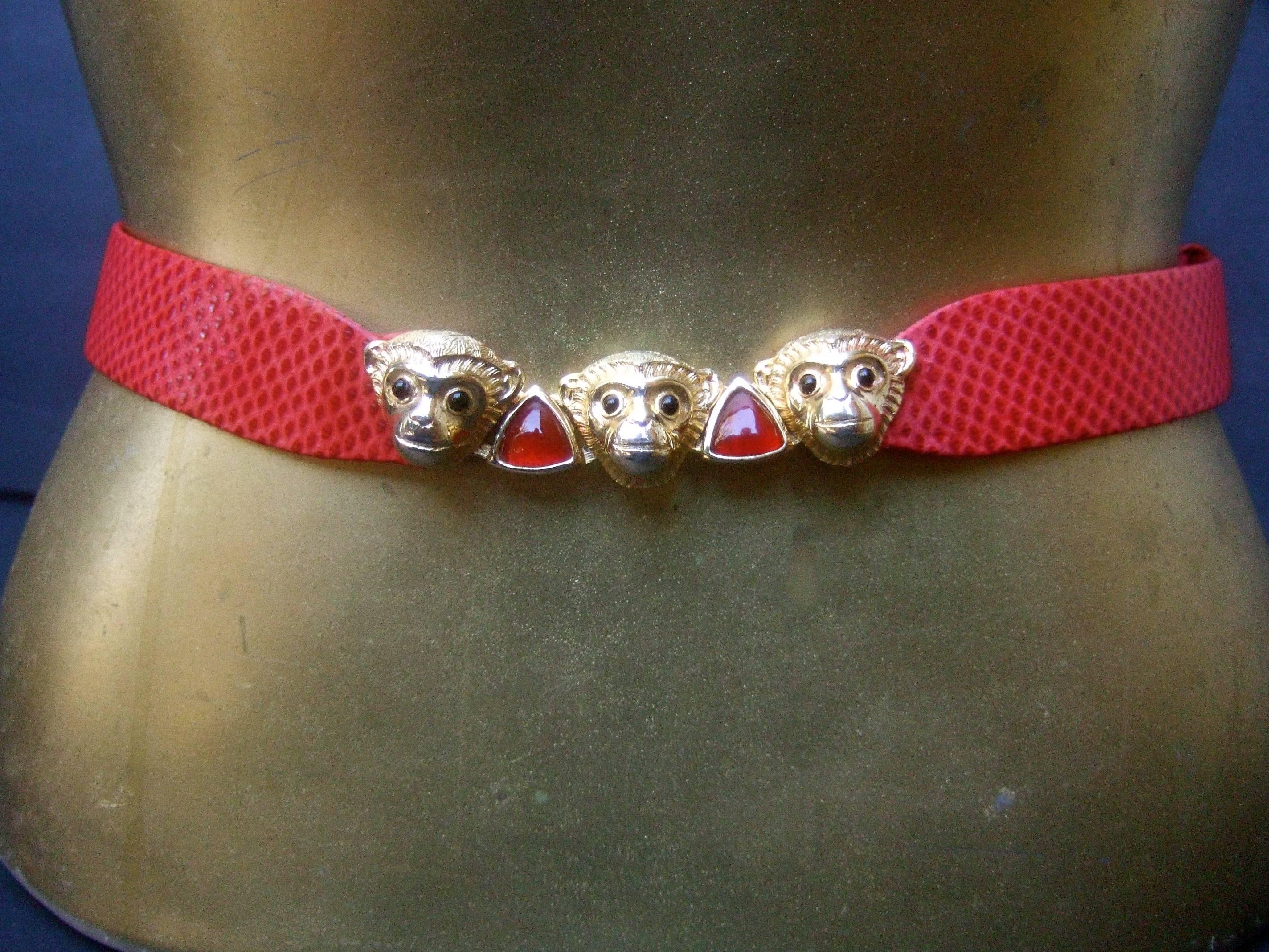Women's Judith Leiber Charming Monkey Buckle Red Leather Belt c 1980s