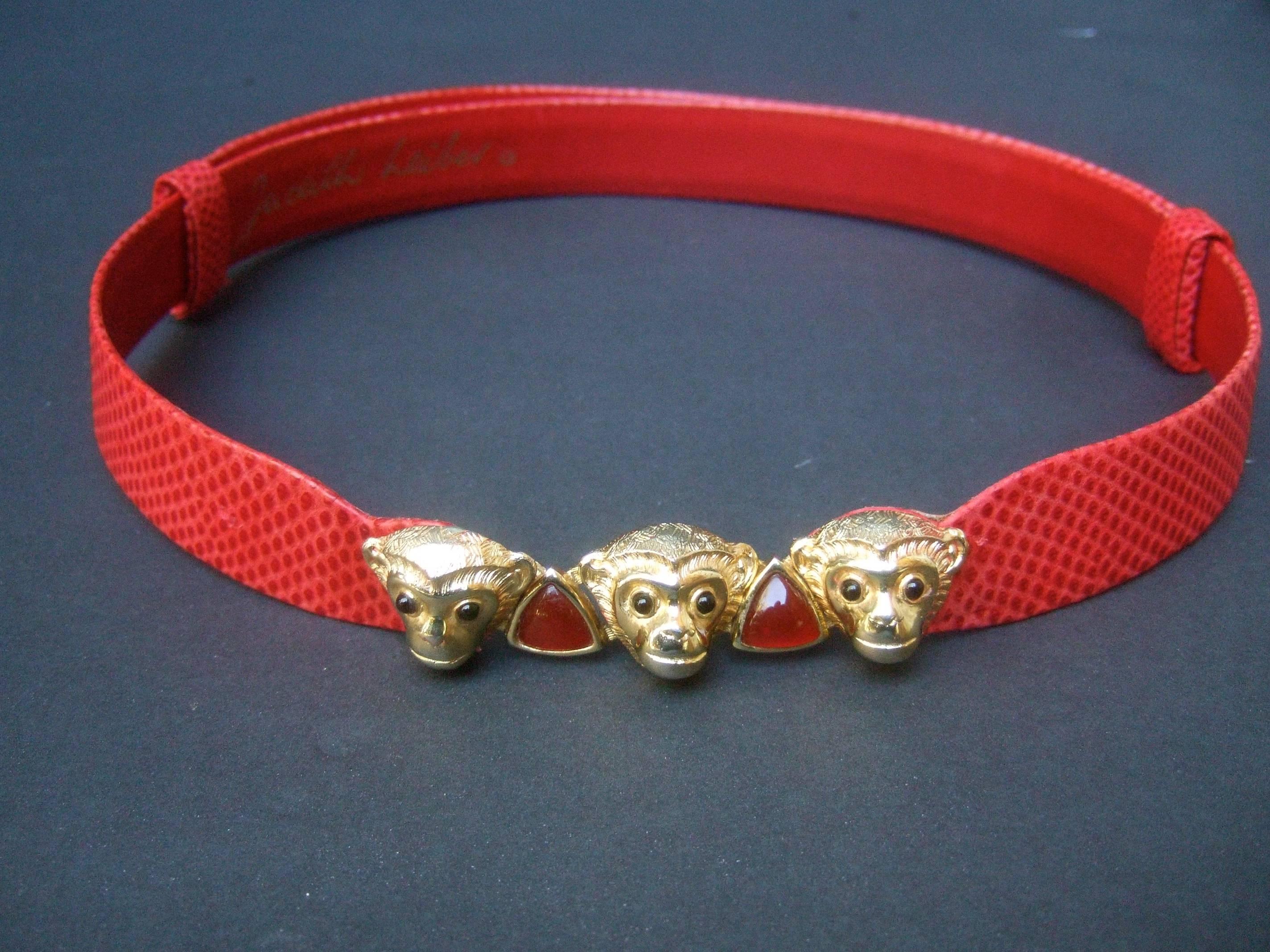 Judith Leiber Charming Monkey Buckle Red Leather Belt c 1980s 3