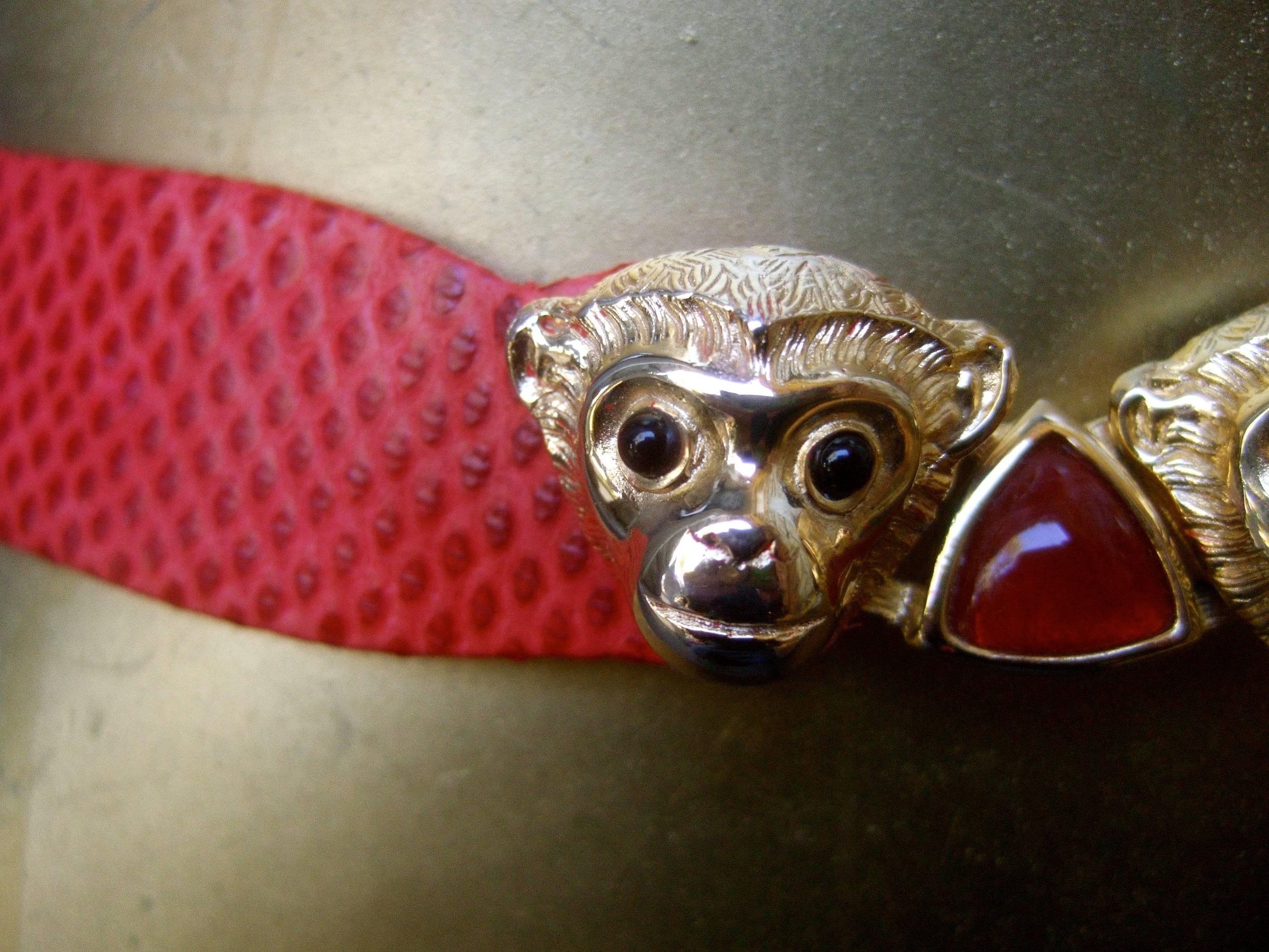 Judith Leiber Charming Monkey Buckle Red Leather Belt c 1980s 1