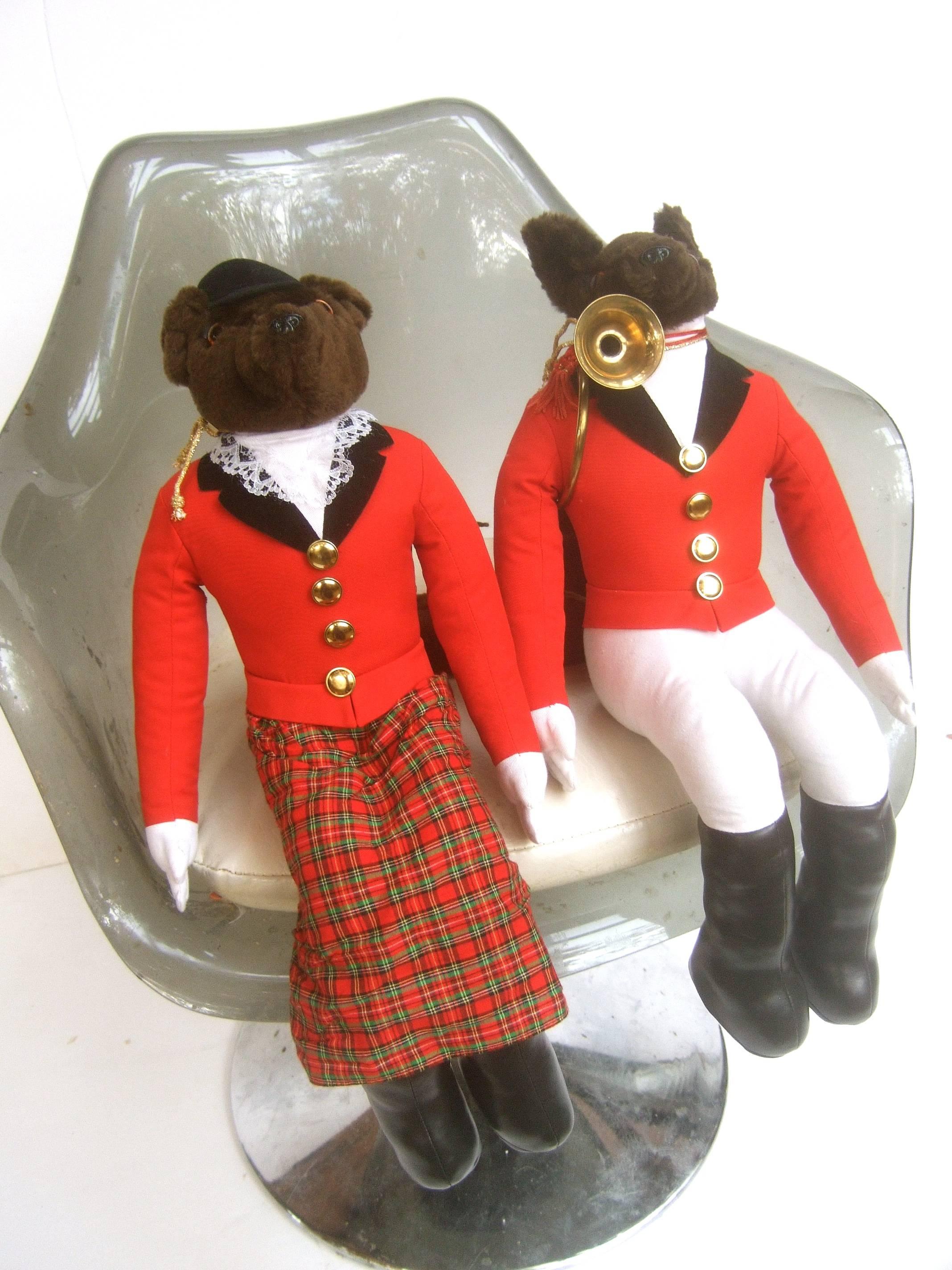 Pink Whimsical Pair of Fox Hunting Stuffed Figures  c 1980s