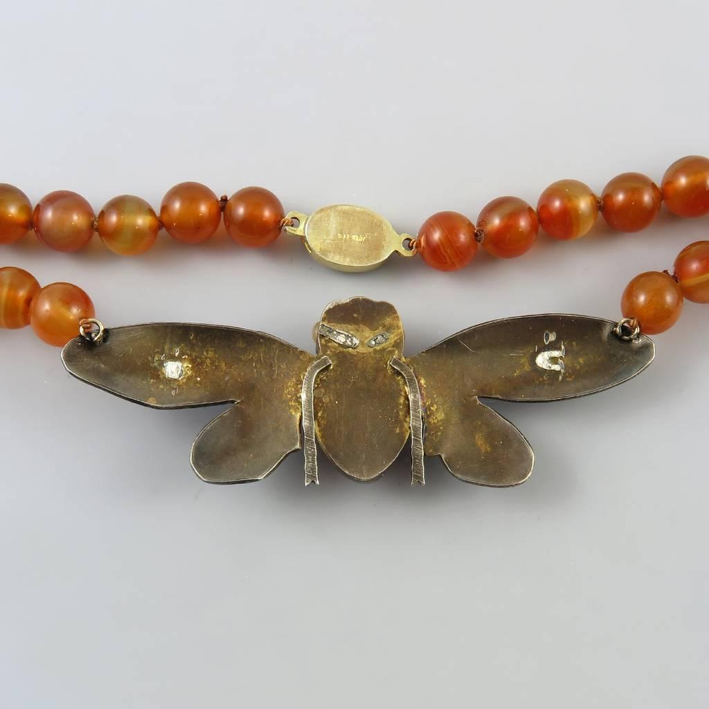 Chinese Carved Carnelian and Enamel Cicada Necklace. Vermeil Silver 1920s. In Excellent Condition In University City, MO
