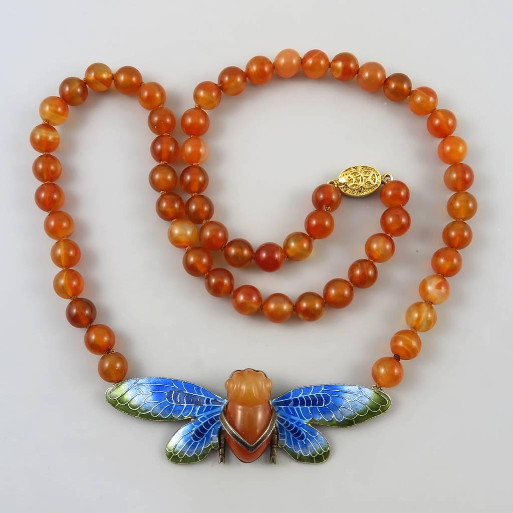 Women's or Men's Chinese Carved Carnelian and Enamel Cicada Necklace. Vermeil Silver 1920s.