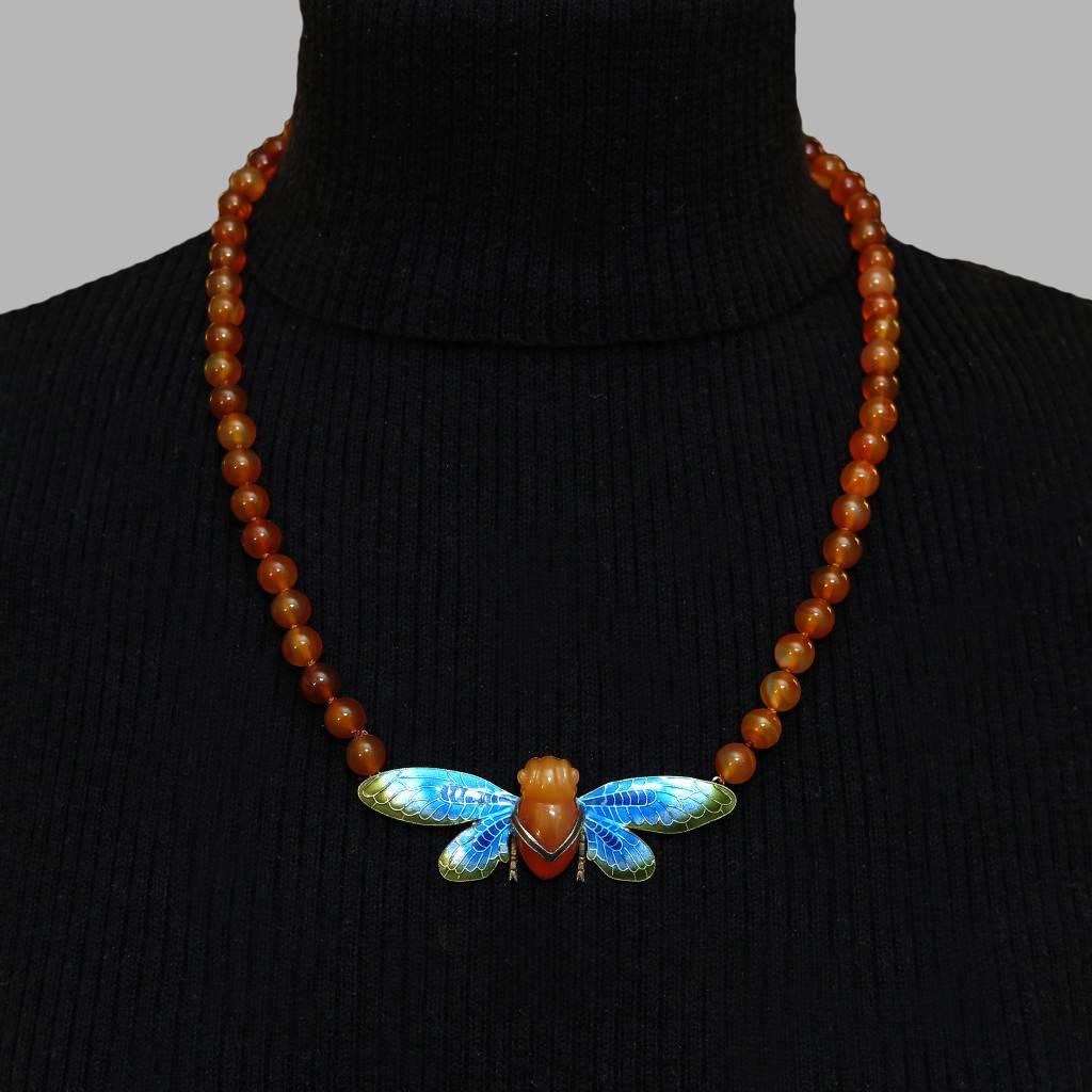 Chinese Carved Carnelian and Enamel Cicada Necklace. Vermeil Silver 1920s. 1