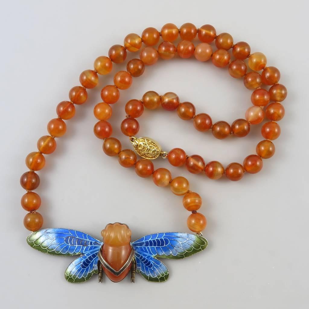 Chinese Carved Carnelian and Enamel Cicada Necklace. Vermeil Silver 1920s. 2