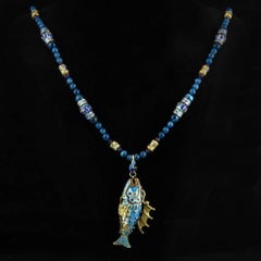 Chinese Export Vermeil Silver Enameled Dragon Fish Necklace. Apatite. 1980s.