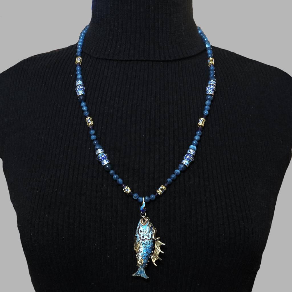 Chinese Export Vermeil Silver Enameled Dragon Fish Necklace. Apatite. 1980s.  In Excellent Condition For Sale In University City, MO
