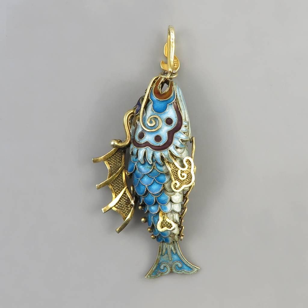 Women's or Men's Chinese Export Vermeil Silver Enameled Dragon Fish Necklace. Apatite. 1980s.  For Sale