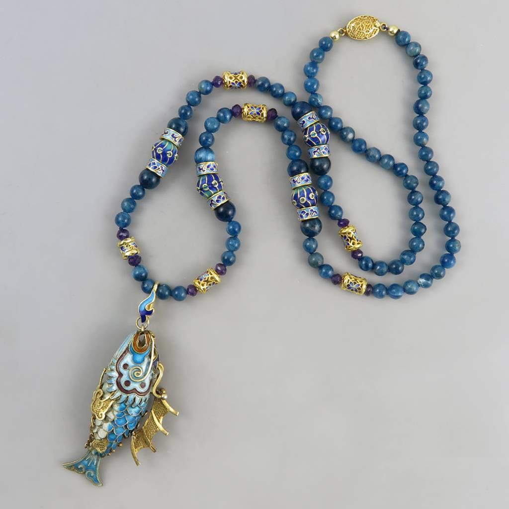 Chinese Export Vermeil Silver Enameled Dragon Fish Necklace. Apatite. 1980s.  For Sale 1