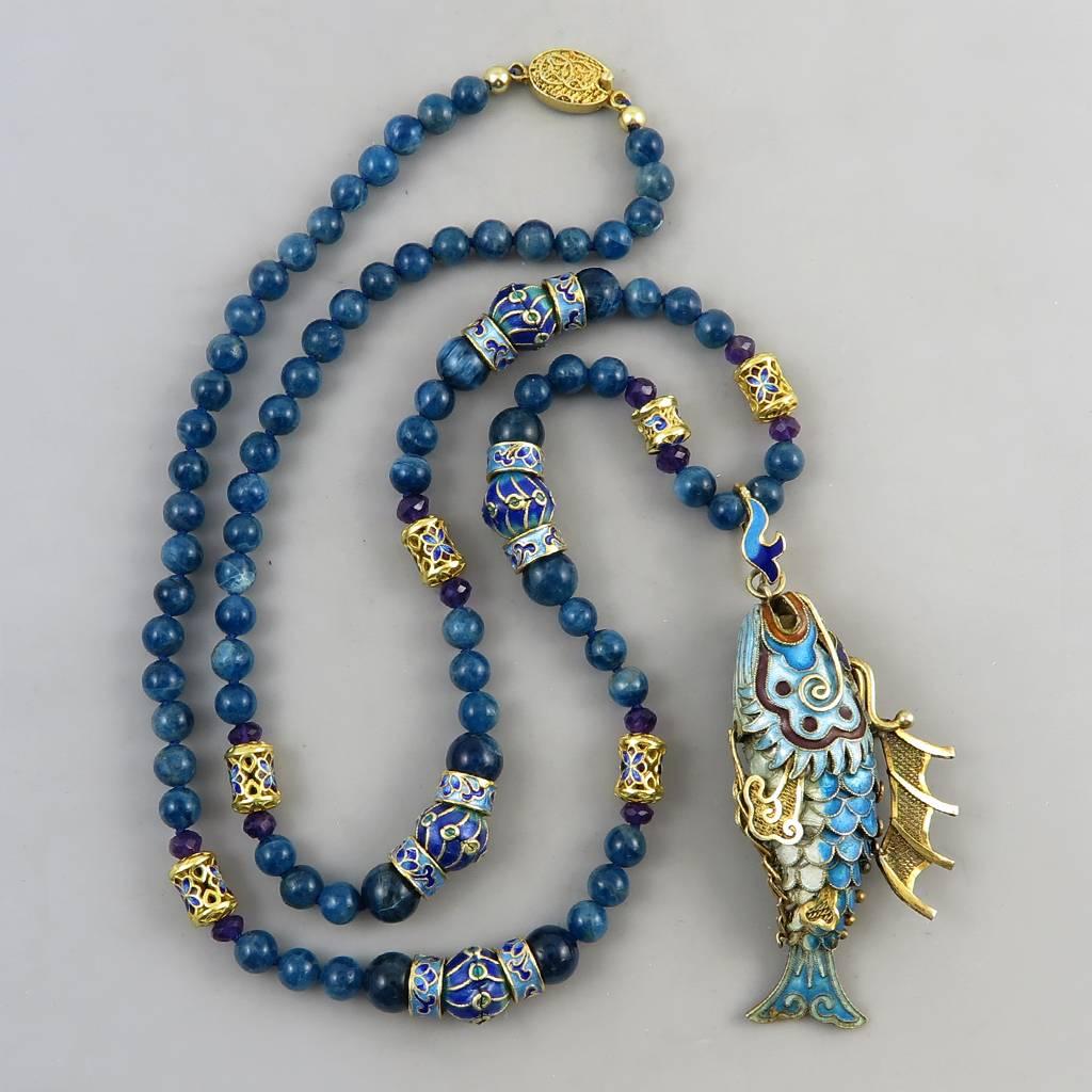 Chinese Export Vermeil Silver Enameled Dragon Fish Necklace. Apatite. 1980s.  For Sale 2
