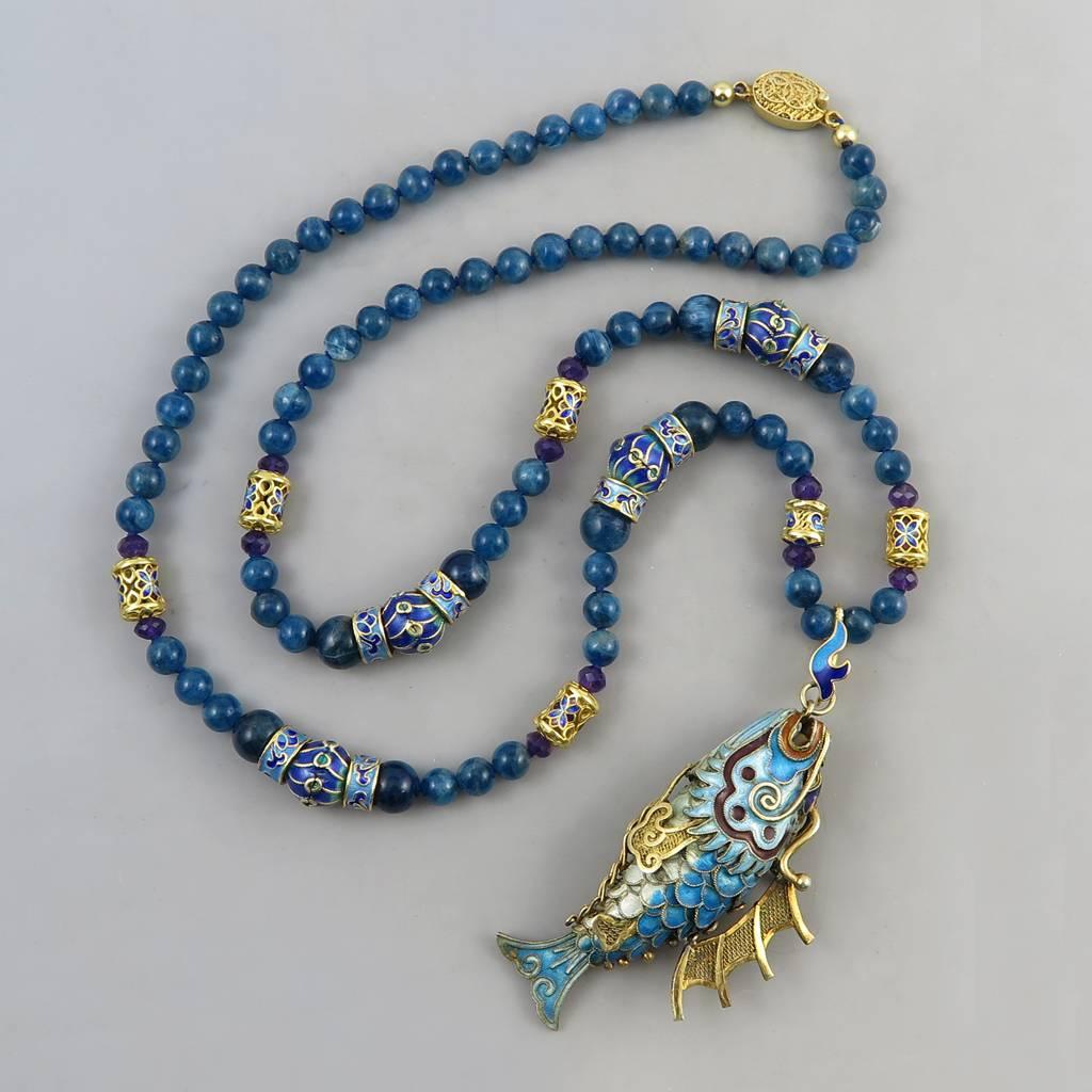 Chinese Export Vermeil Silver Enameled Dragon Fish Necklace. Apatite. 1980s.  For Sale 4