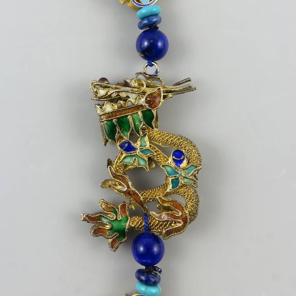 Chinese Gilded Silver Dragon Necklace with Carnelian and Lapis Beads. 1980's. In Excellent Condition In University City, MO