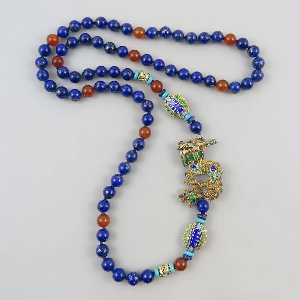 Chinese Gilded Silver Dragon Necklace with Carnelian and Lapis Beads. 1980's. 1