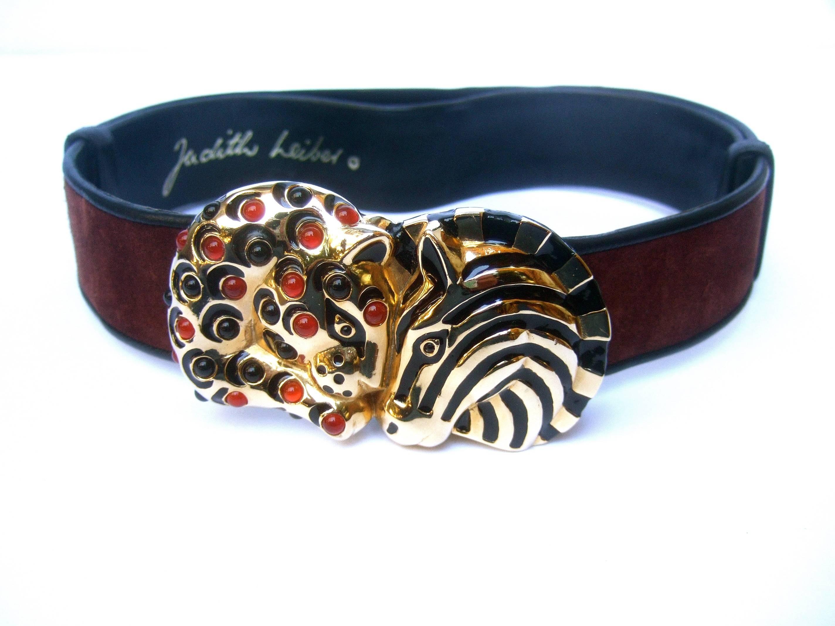 Judith Leiber Jeweled Jungle Animal Brown Suede Belt in J.L. Box In Good Condition In University City, MO