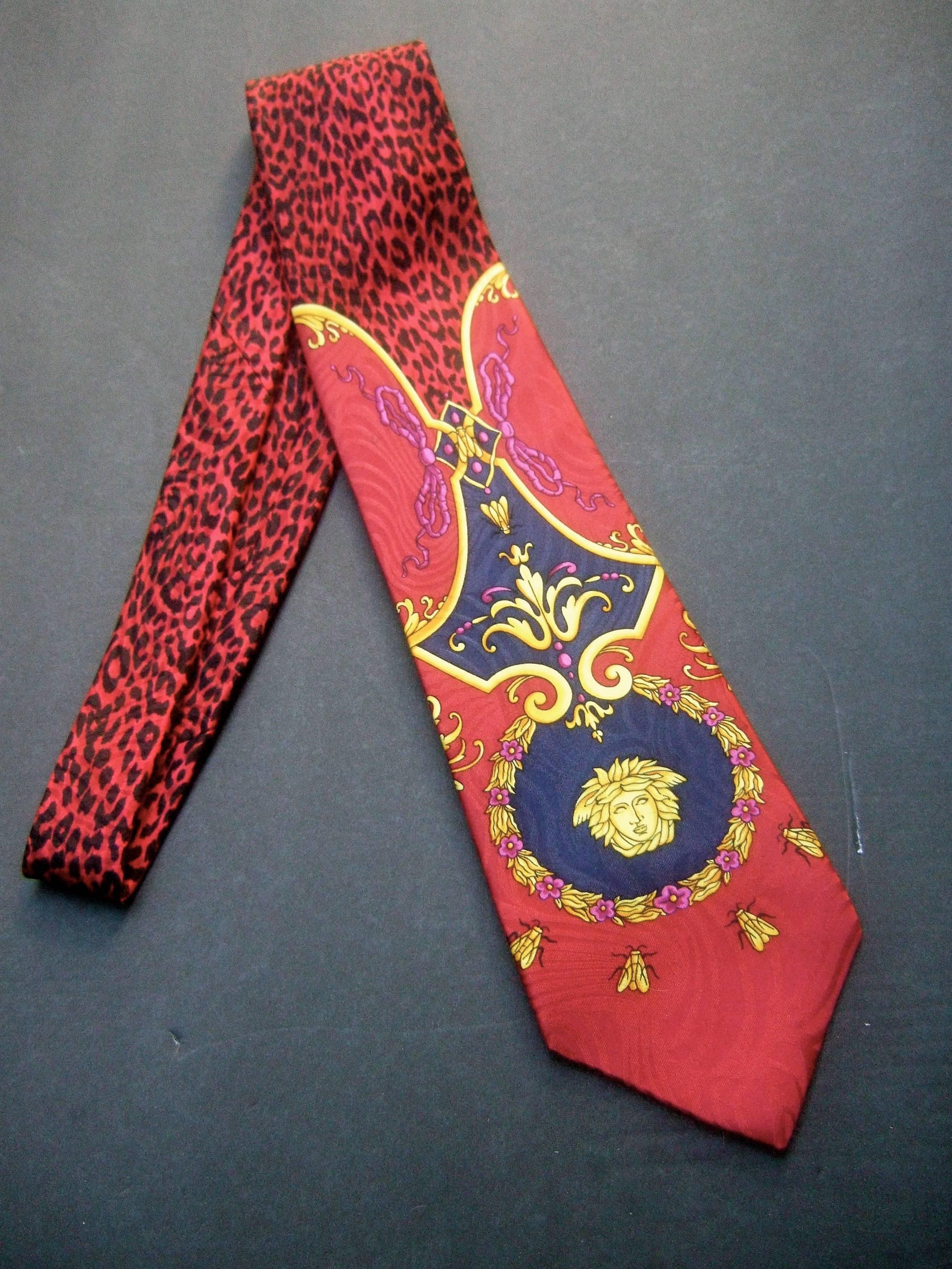 Men's Gianni Versace Burgundy Silk Medusa Animal Jungle Print Necktie, circa 1990s 