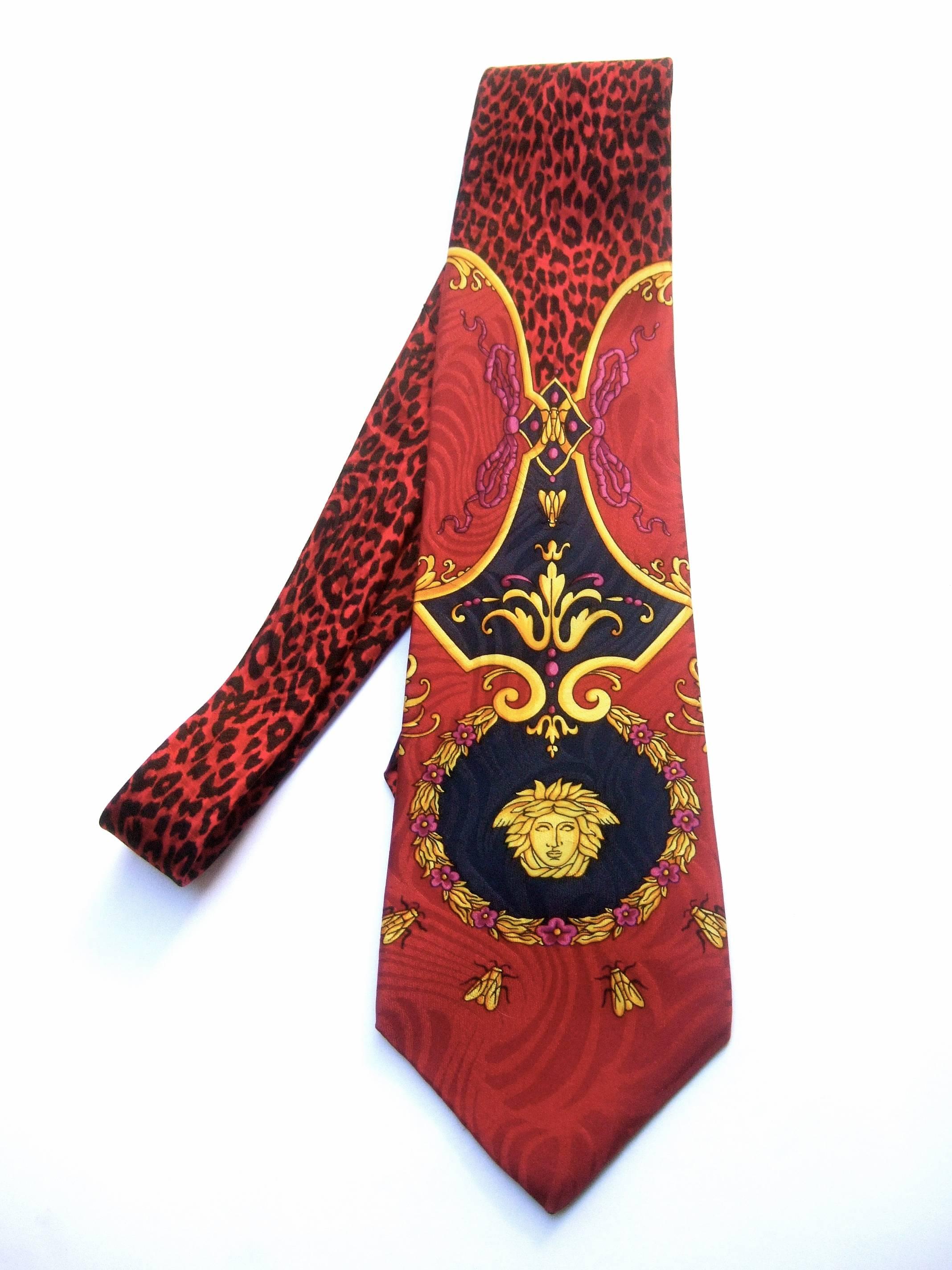 Gianni Versace Burgundy Silk Medusa Animal Jungle Print Necktie, circa 1990s  In Good Condition In University City, MO