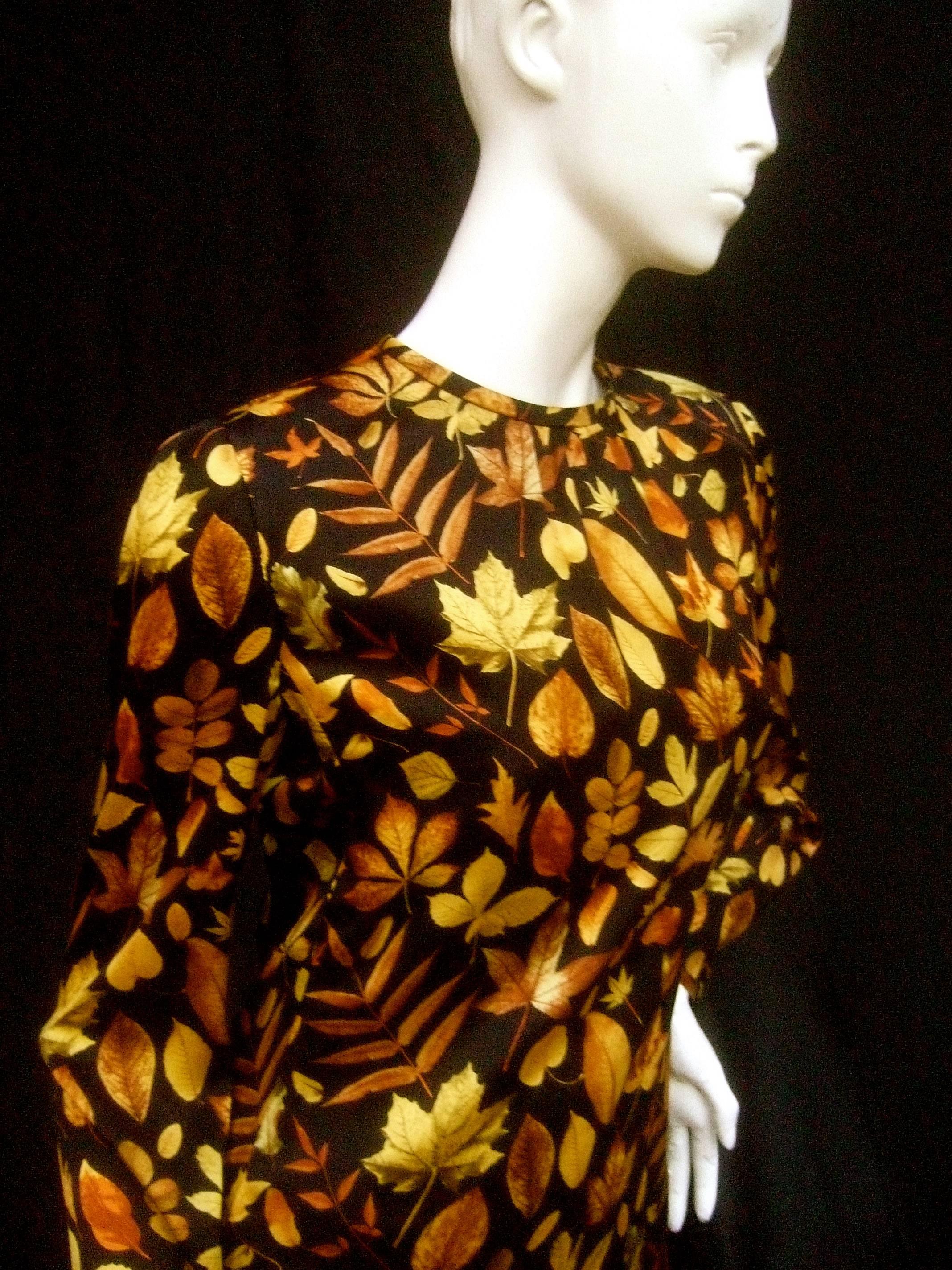 Brown Neiman Marcus Silk Autumn Leaf Print Tunic Dress c 1990