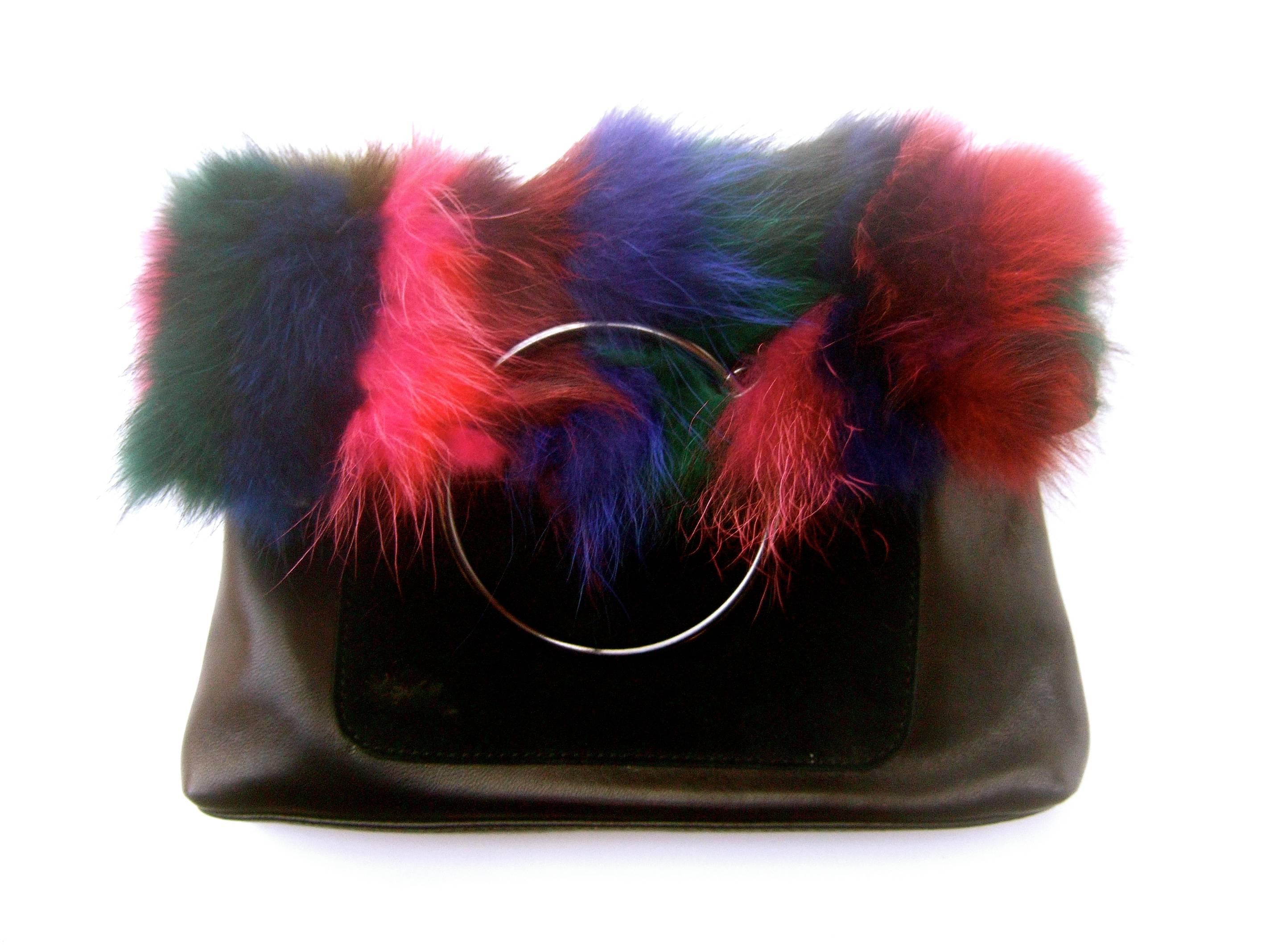 Women's Dyed Fox Fur Black Leather and Suede Handbag Designed by Sondra Roberts 