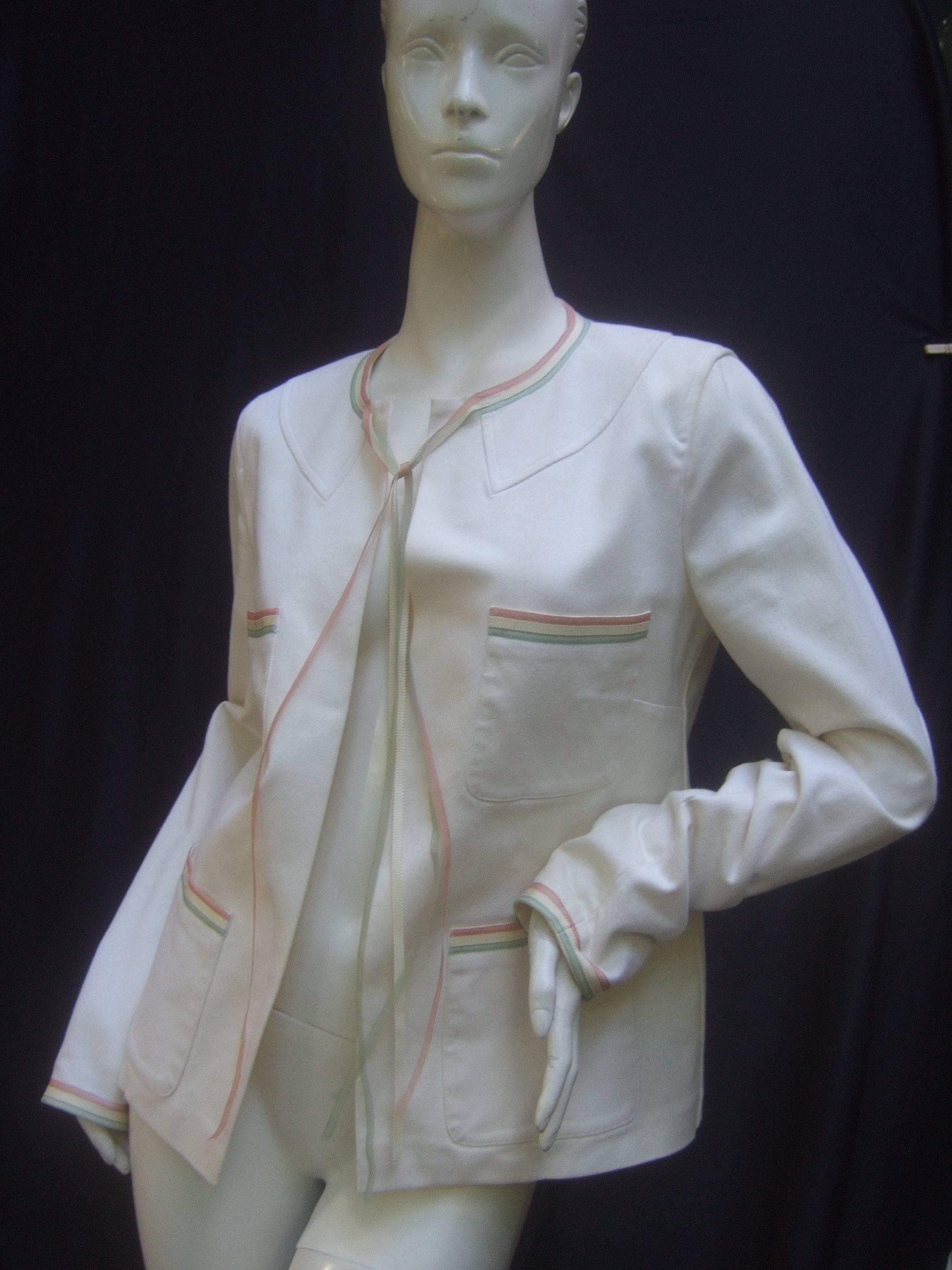 Gray Chanel Crisp White Cotton Ribbon Trim Jacket Size 40
