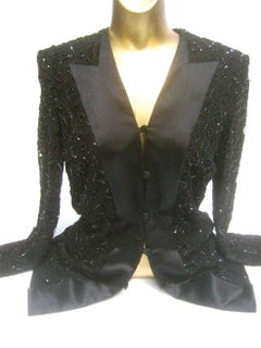 Mirella Cavorso Italian Black Silk Beaded Tuxedo Style Evening Jacket