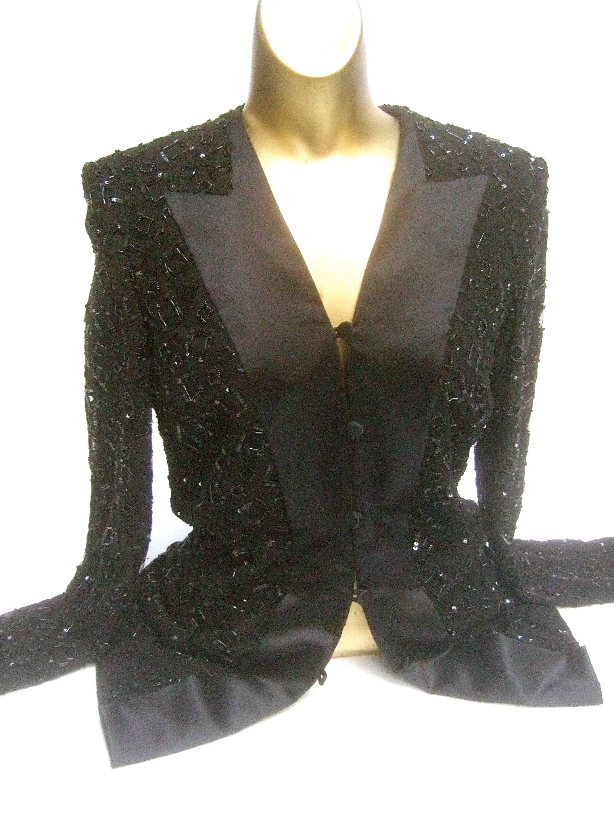 Mirella Cavorso Italian Black Silk Beaded Tuxedo Style Evening Jacket  In Good Condition For Sale In University City, MO