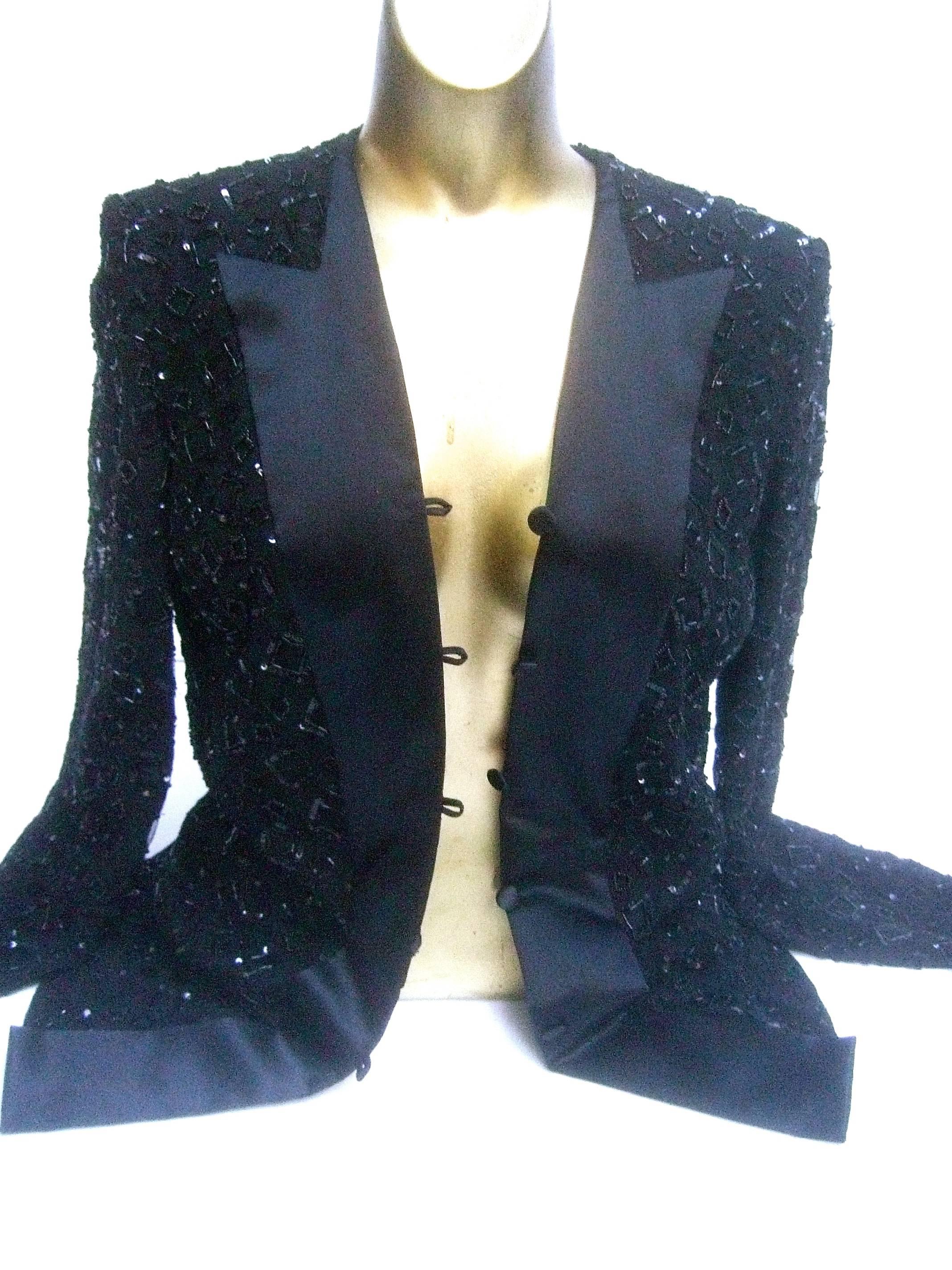Mirella Cavorso Italian Black Silk Beaded Tuxedo Style Evening Jacket  For Sale 1