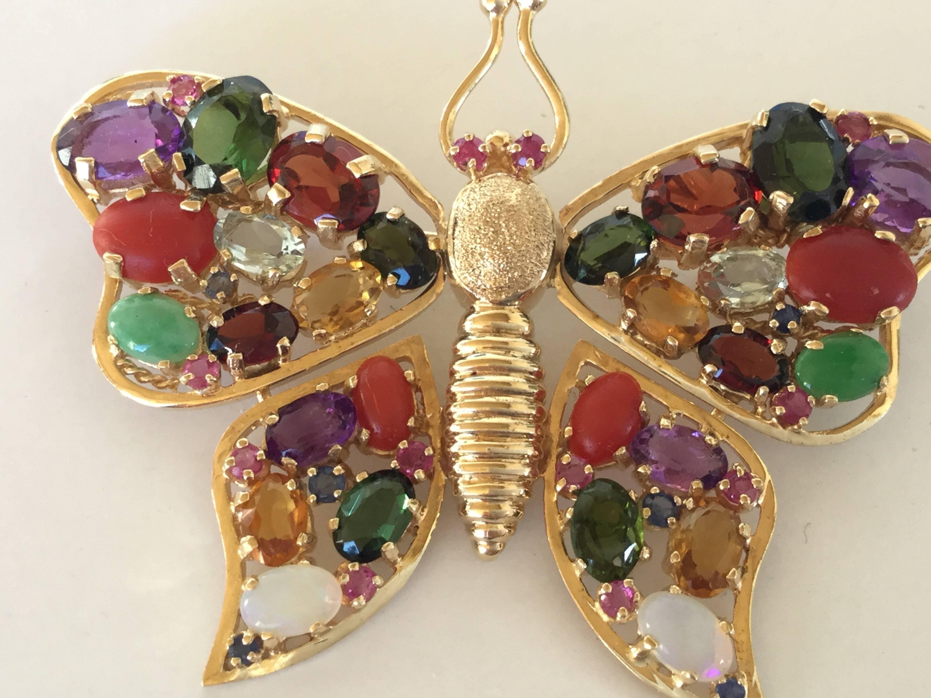 Modernist Large 1960's Gem Encrusted Butterfly Brooch. 14k Yellow Gold. High Impact.