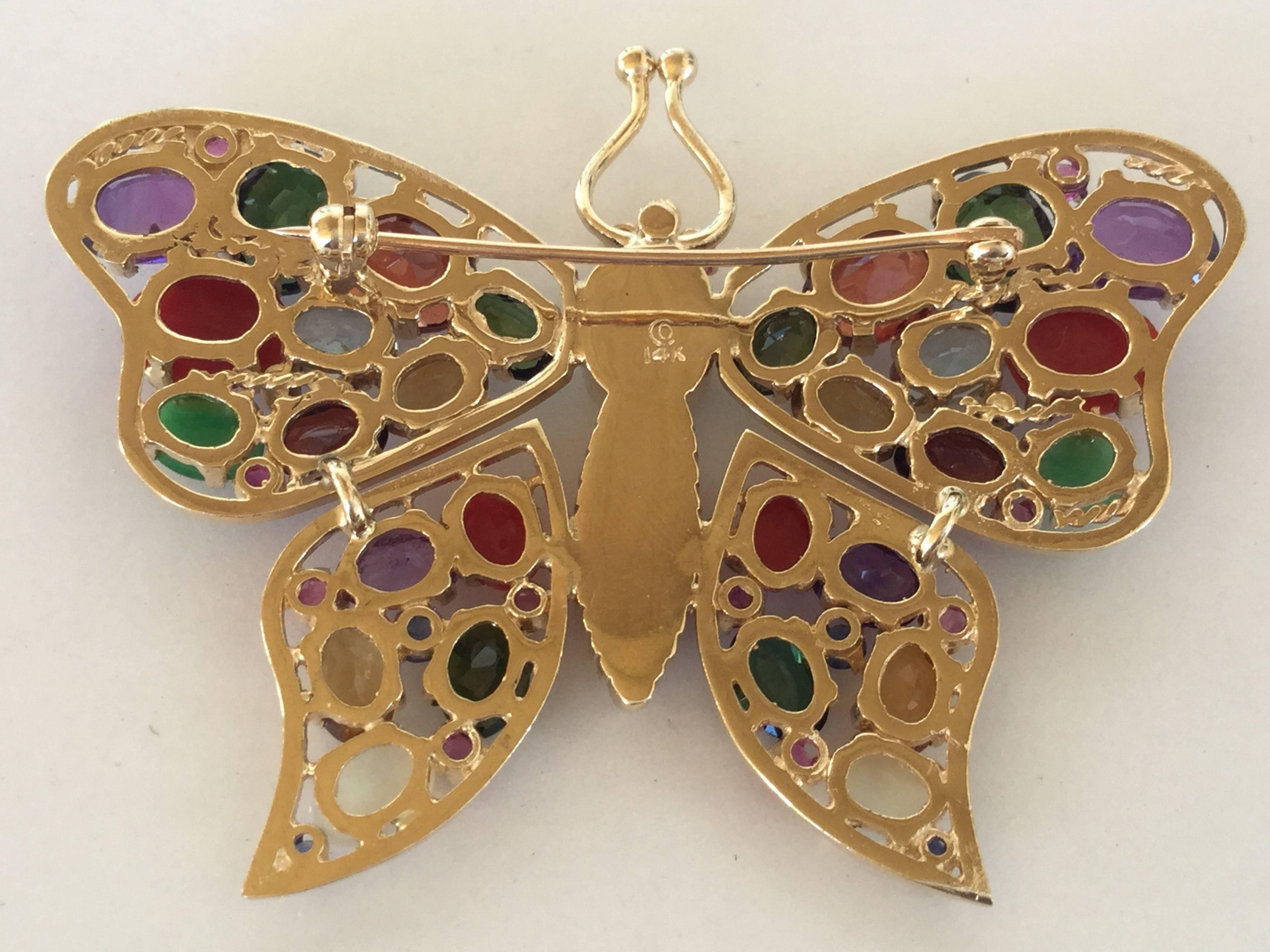 Oval Cut Large 1960's Gem Encrusted Butterfly Brooch. 14k Yellow Gold. High Impact.