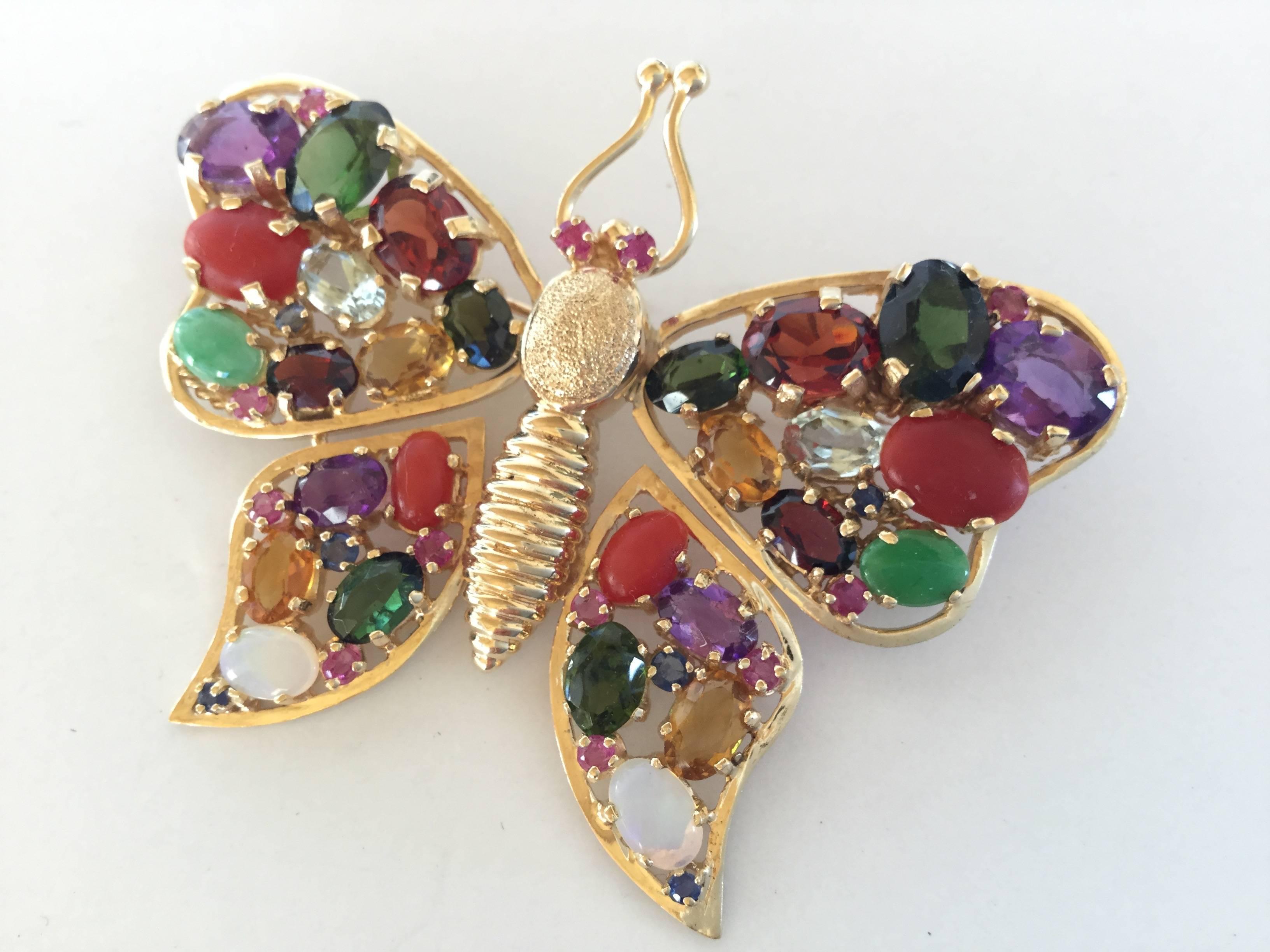 Women's or Men's Large 1960's Gem Encrusted Butterfly Brooch. 14k Yellow Gold. High Impact.