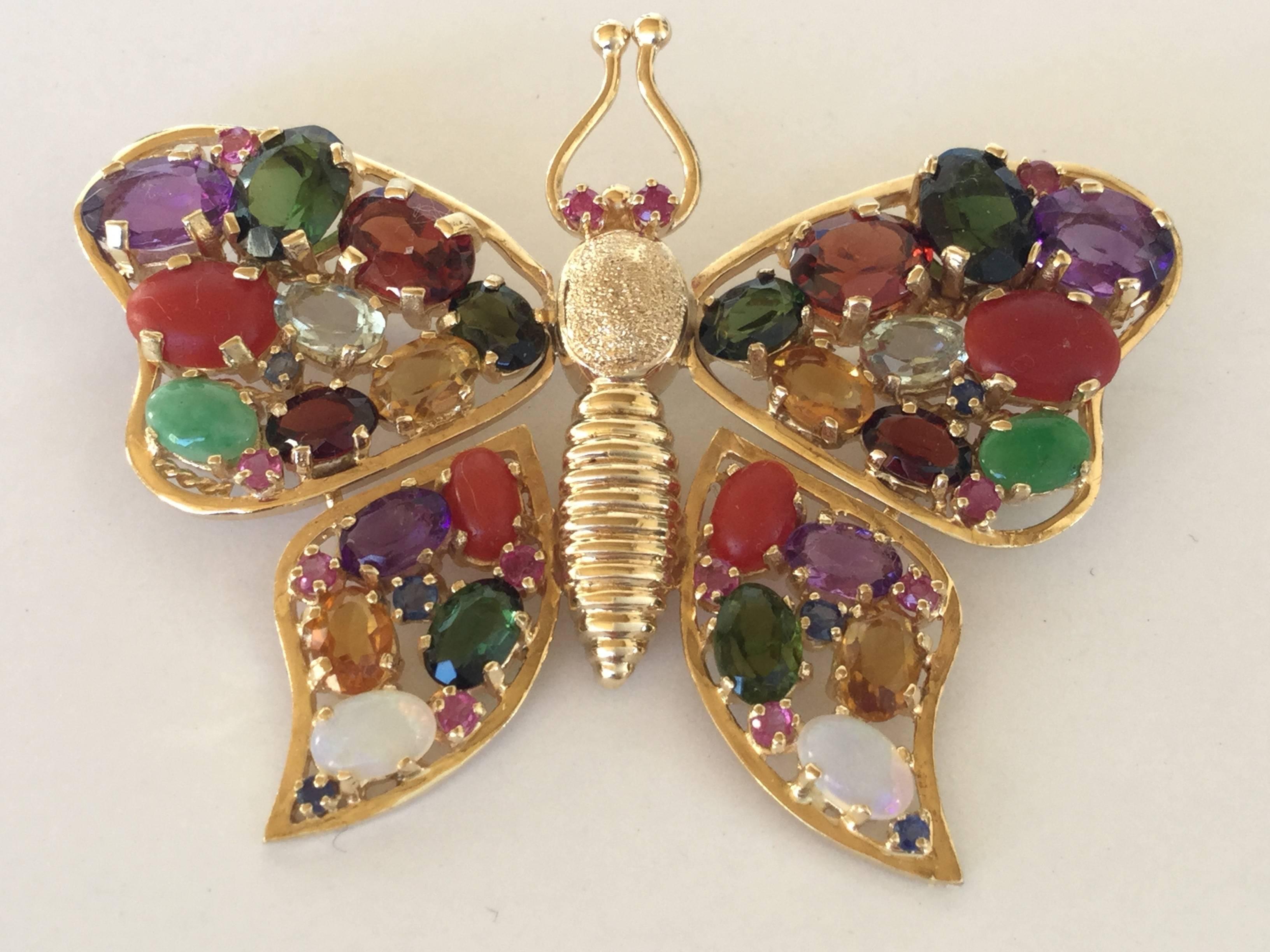 Large 1960's Gem Encrusted Butterfly Brooch. 14k Yellow Gold. High Impact. 1