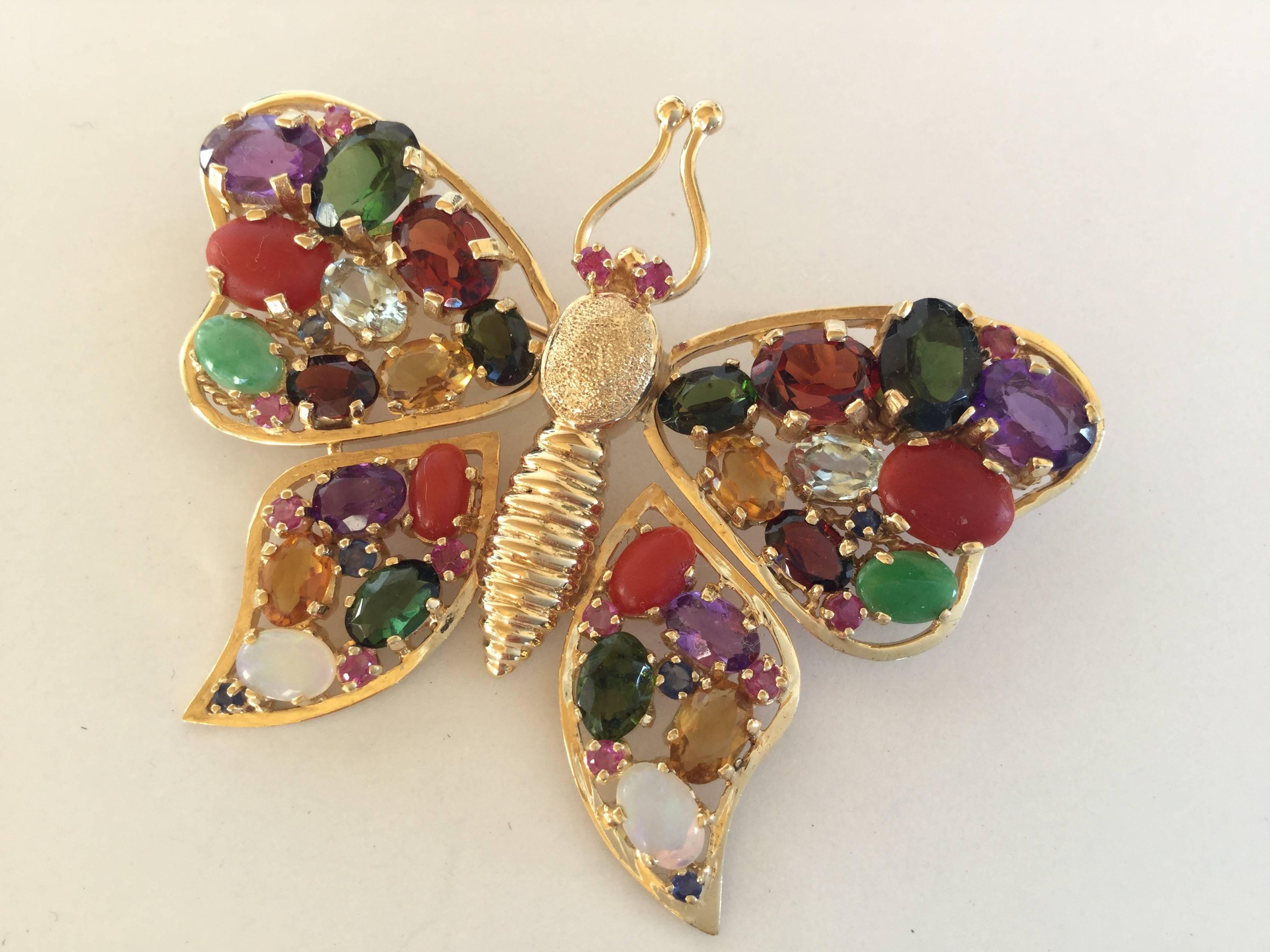 Large 1960's Gem Encrusted Butterfly Brooch. 14k Yellow Gold. High Impact. 2