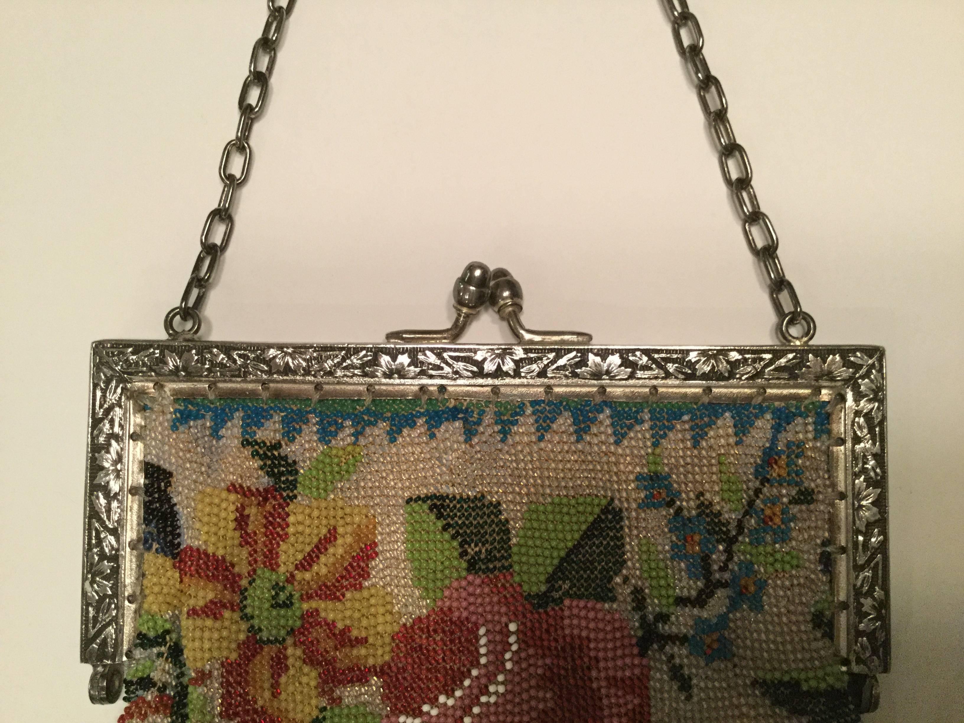Women's or Men's Victorian Micro-Beaded Scenic Fringed Bag. Floral Metal Clasp. 1880's.