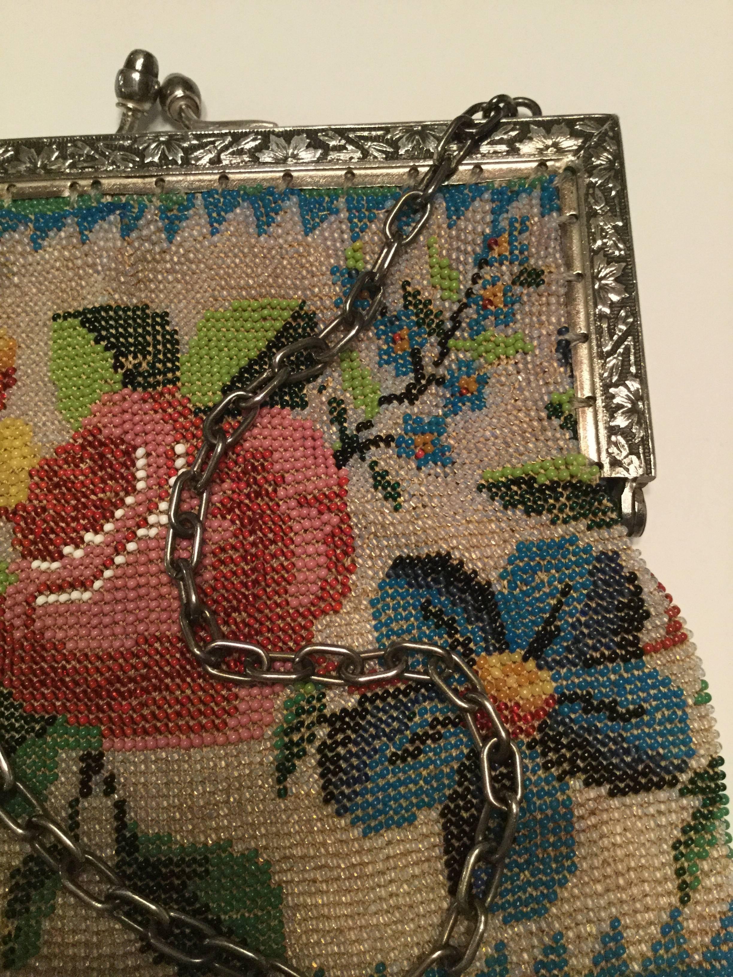 Victorian Micro-Beaded Scenic Fringed Bag. Floral Metal Clasp. 1880's. 1