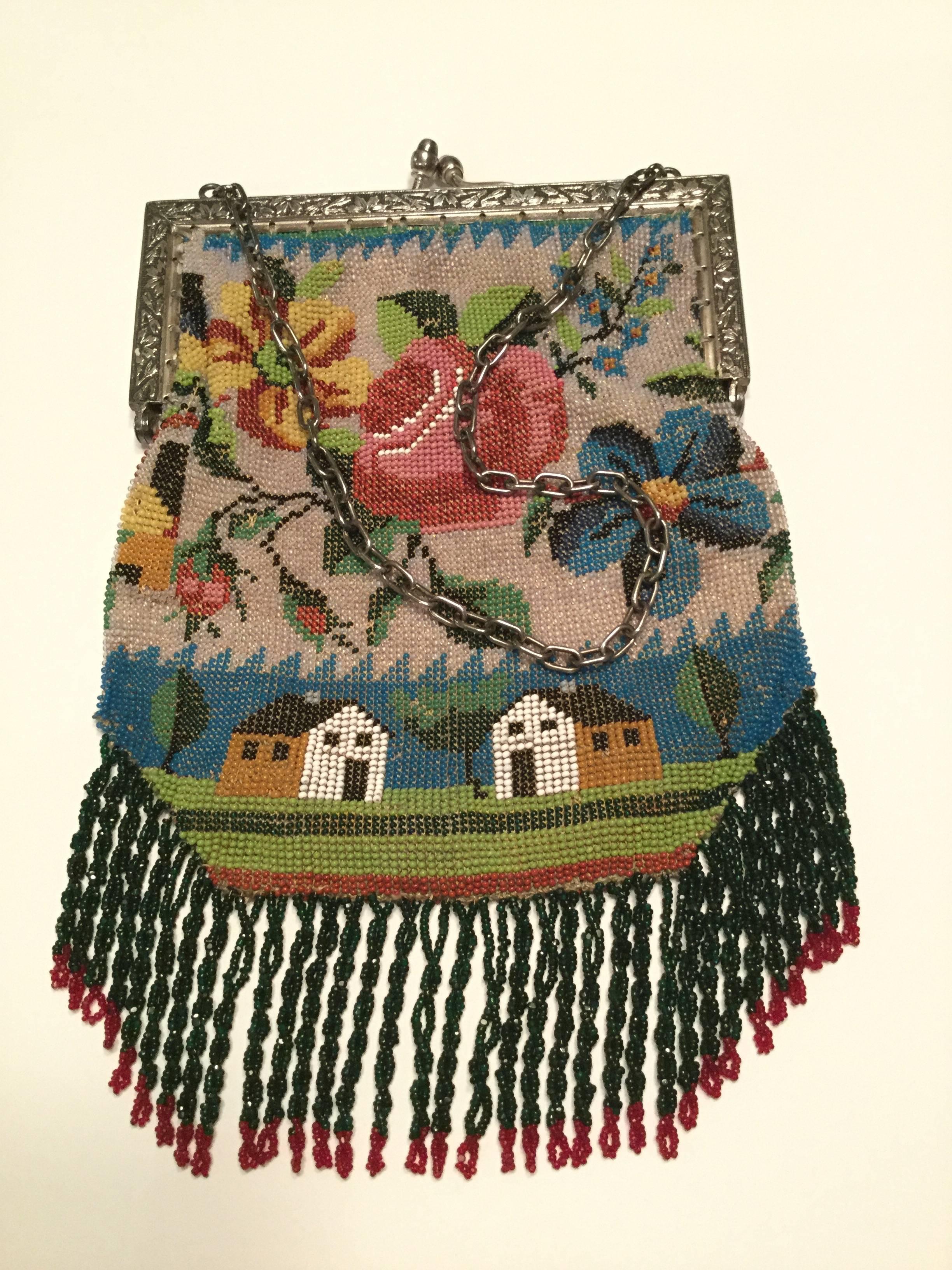 Victorian Micro-Beaded Scenic Fringed Bag. Floral Metal Clasp. 1880's. 3