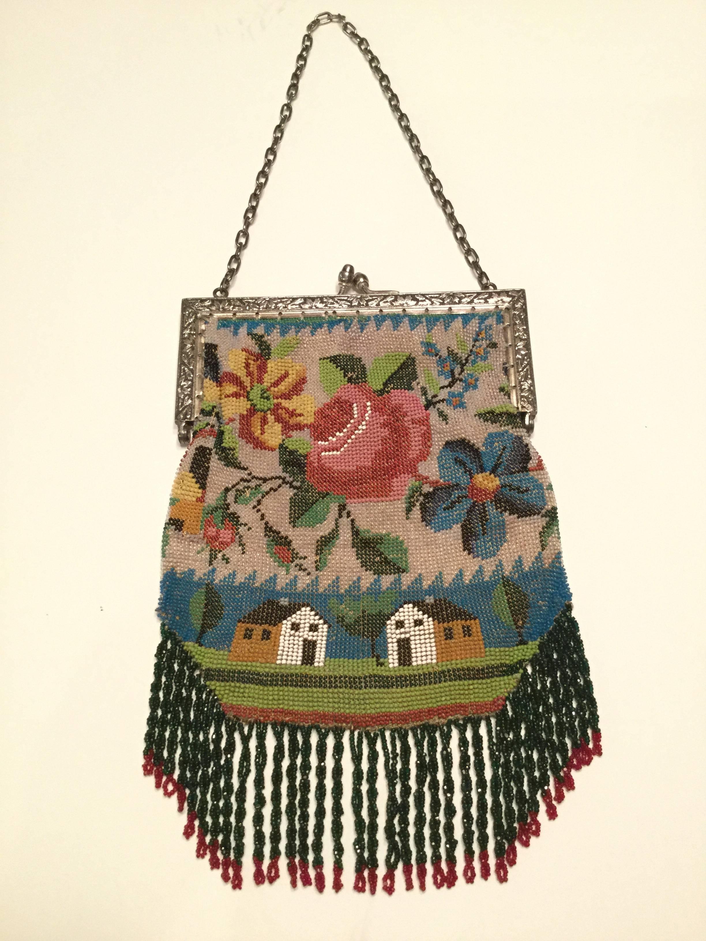 Victorian Micro-Beaded Scenic Fringed Bag. Floral Metal Clasp. 1880's. 4