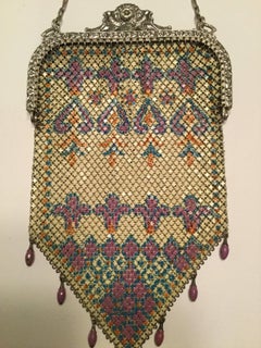 Mandalian Art Deco Chainmail Metal Bag with Enamel Bead Fringe, 1920s