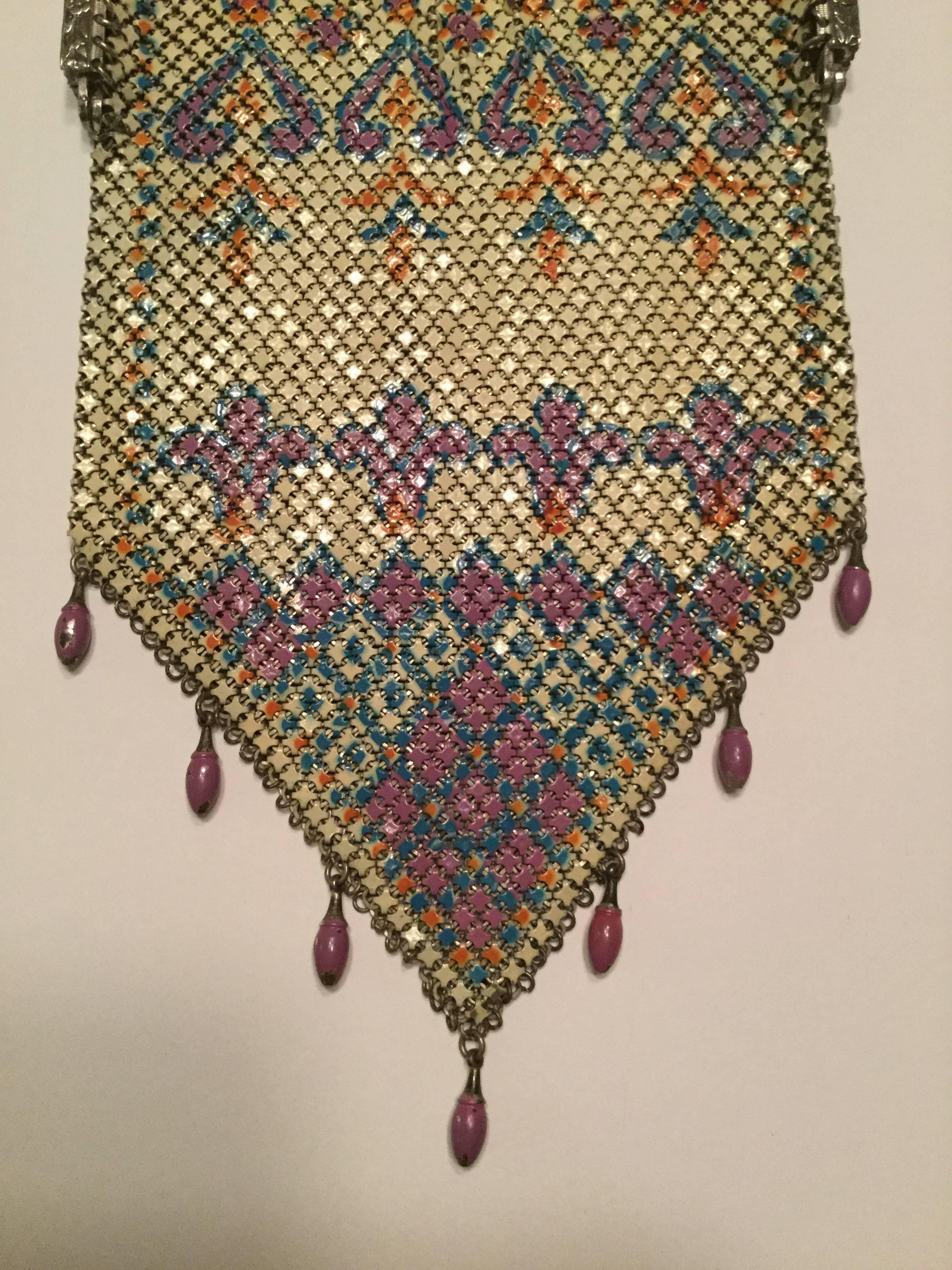Mandalian Art Deco Chainmail Metal Bag with Enamel Bead Fringe, 1920s  In Good Condition In University City, MO