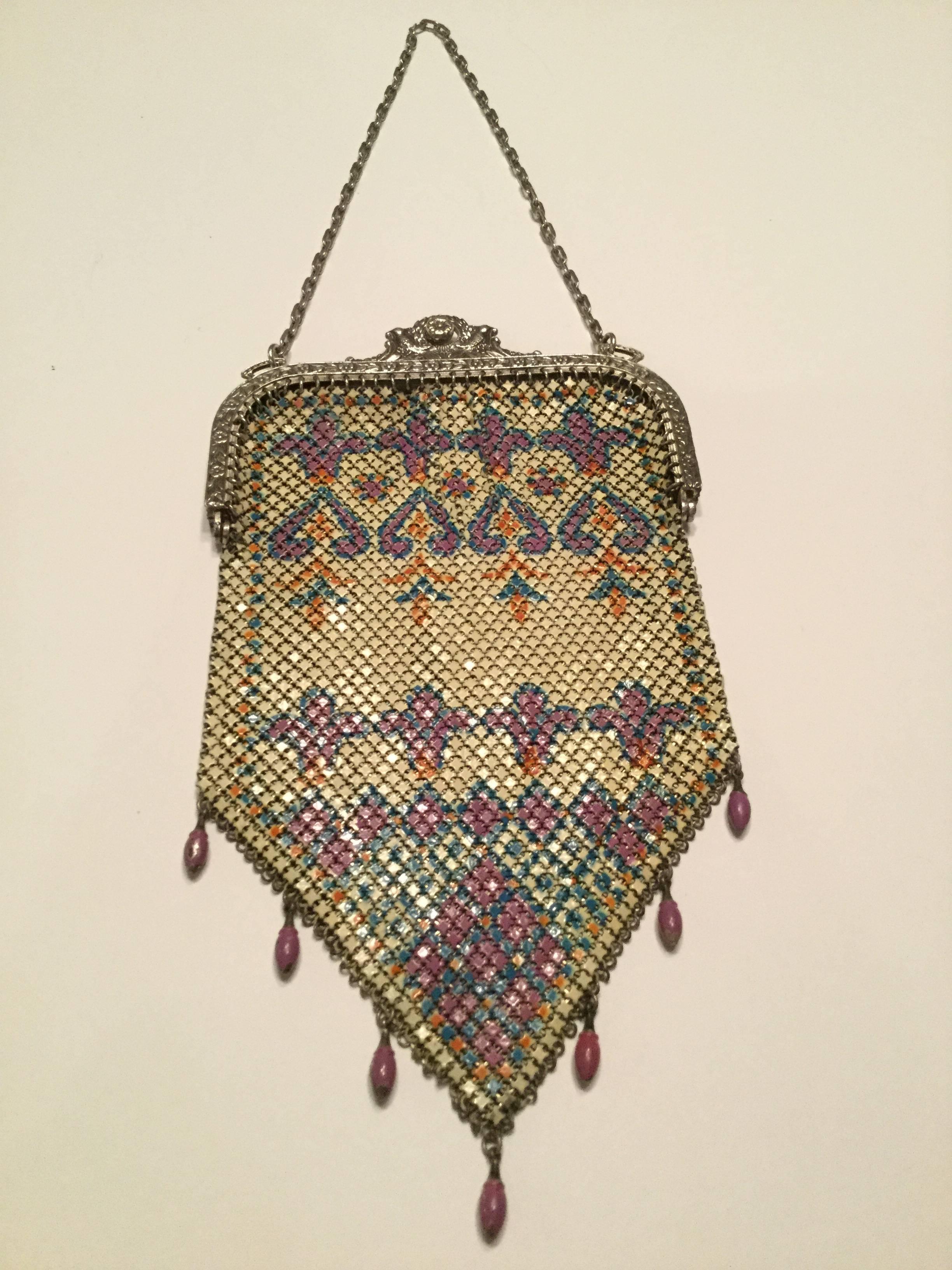 Women's or Men's Mandalian Art Deco Chainmail Metal Bag with Enamel Bead Fringe, 1920s 