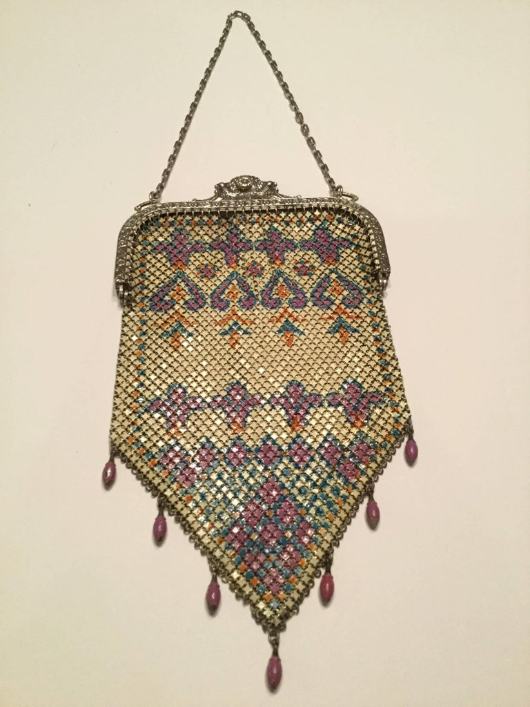 Mandalian Art Deco Chainmail Metal Bag with Enamel Bead Fringe, 1920s ...