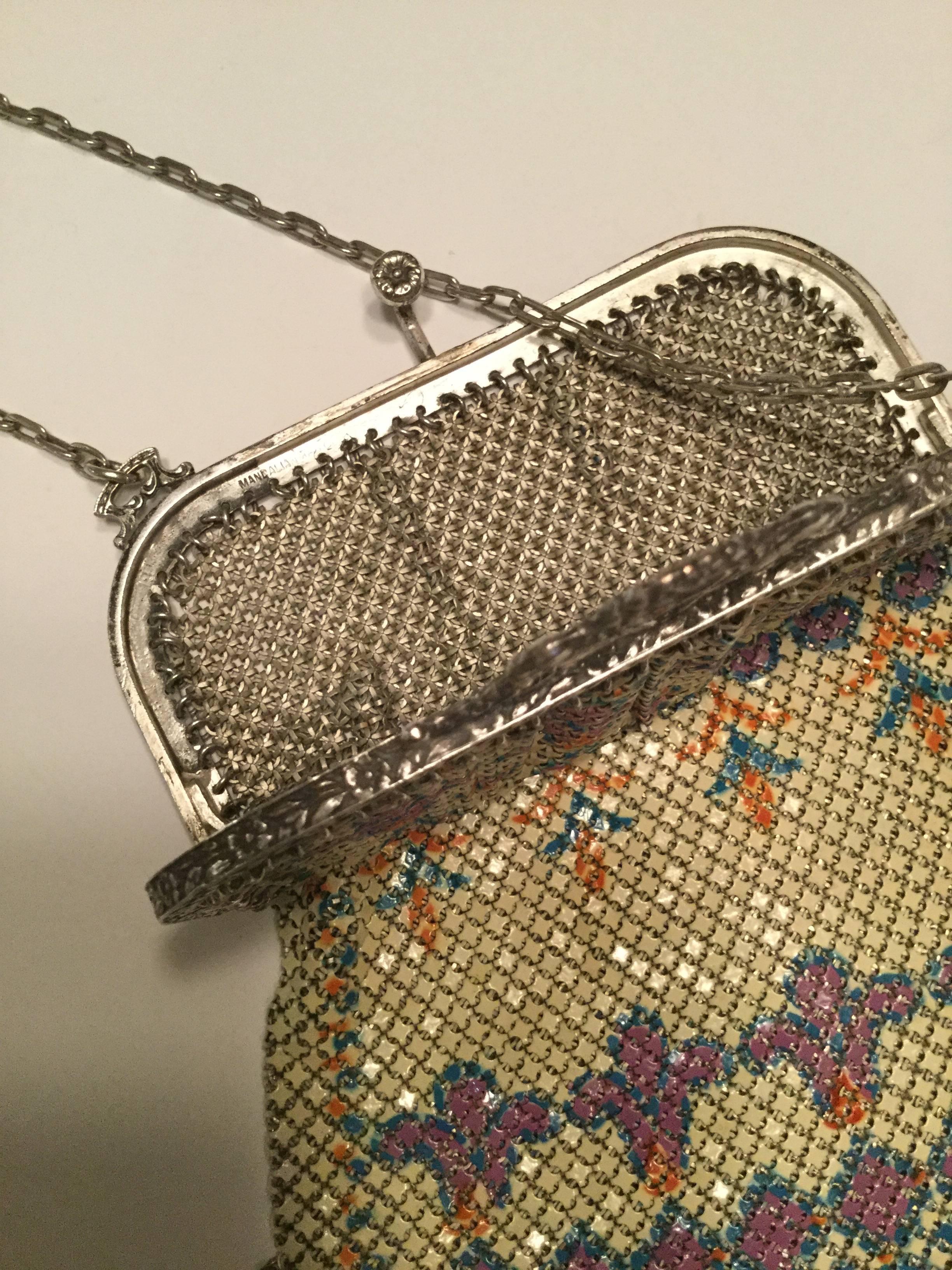 Mandalian Art Deco Chainmail Metal Bag with Enamel Bead Fringe, 1920s  1