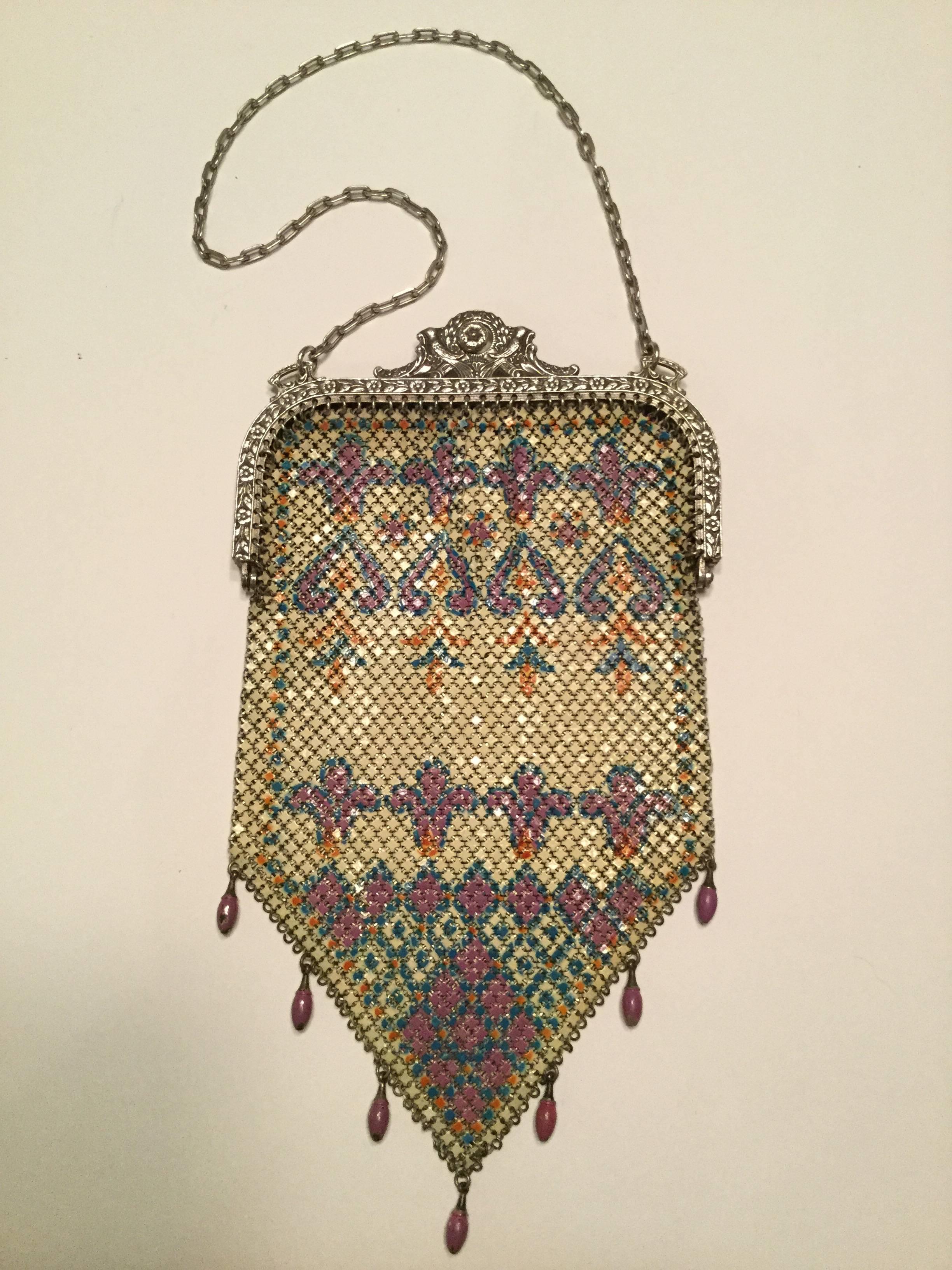 Mandalian Art Deco Chainmail Metal Bag with Enamel Bead Fringe, 1920s  5