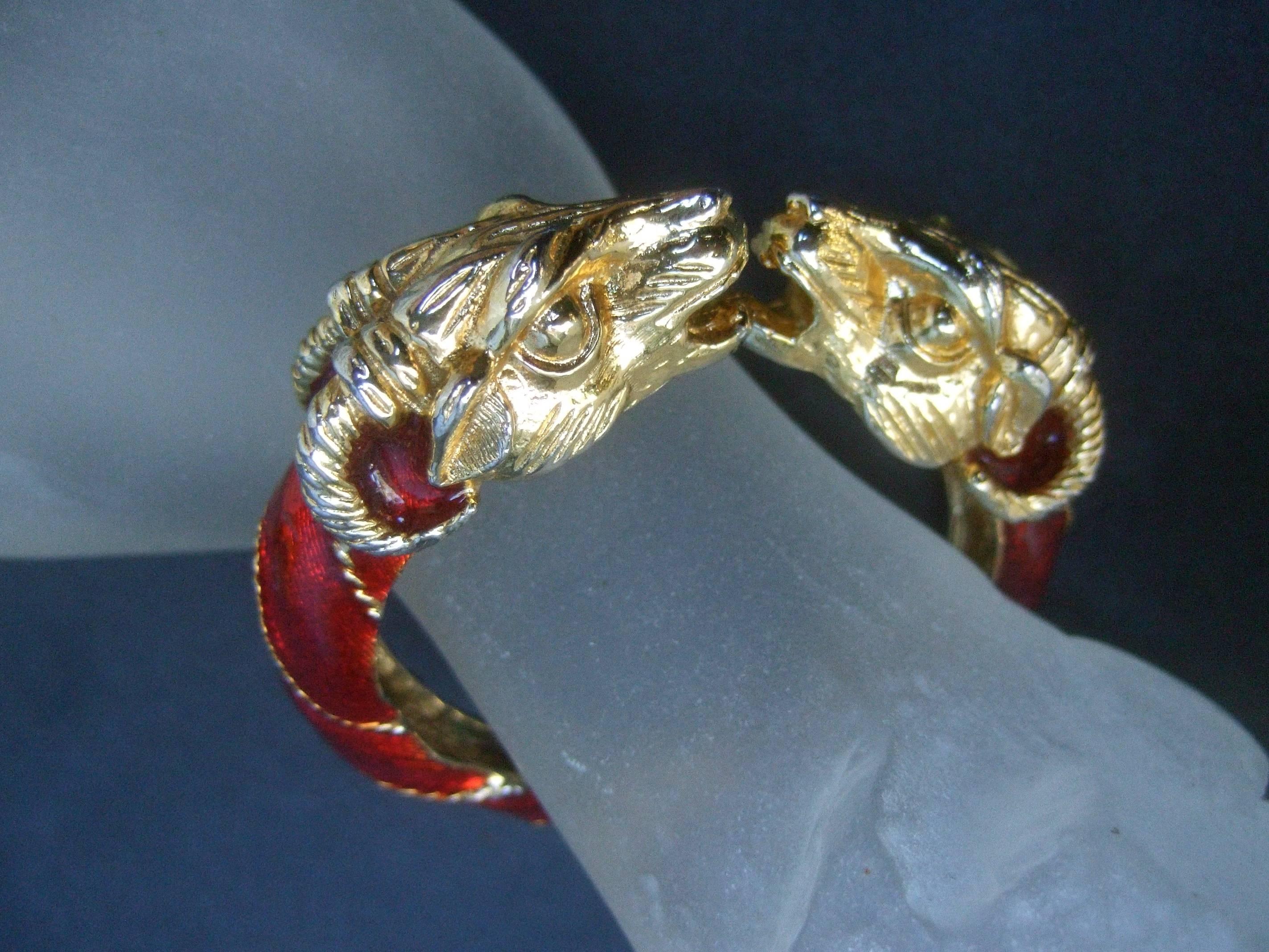 Donald Stannard Gilt Metal Crimson Enamel Ram's Head Bracelet circa 1970s  2