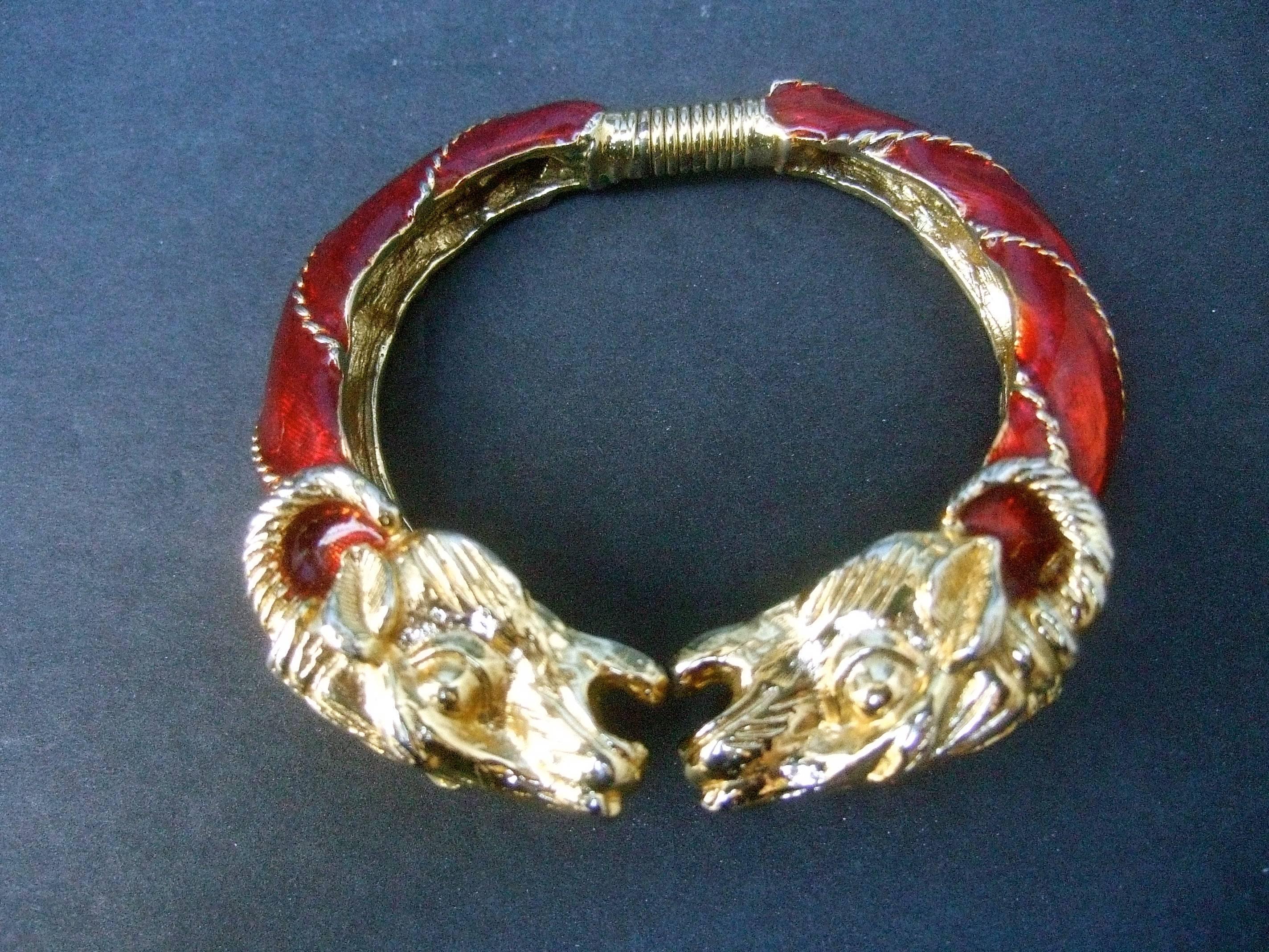 Donald Stannard Gilt Metal Crimson Enamel Ram's Head Bracelet circa 1970s  In Good Condition In University City, MO