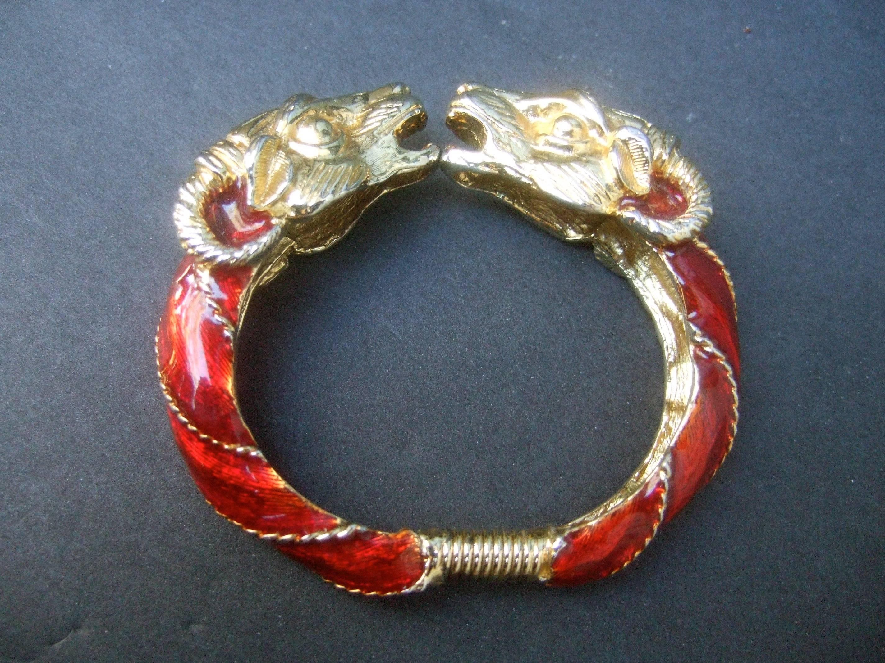 Donald Stannard Gilt Metal Crimson Enamel Ram's Head Bracelet circa 1970s  4