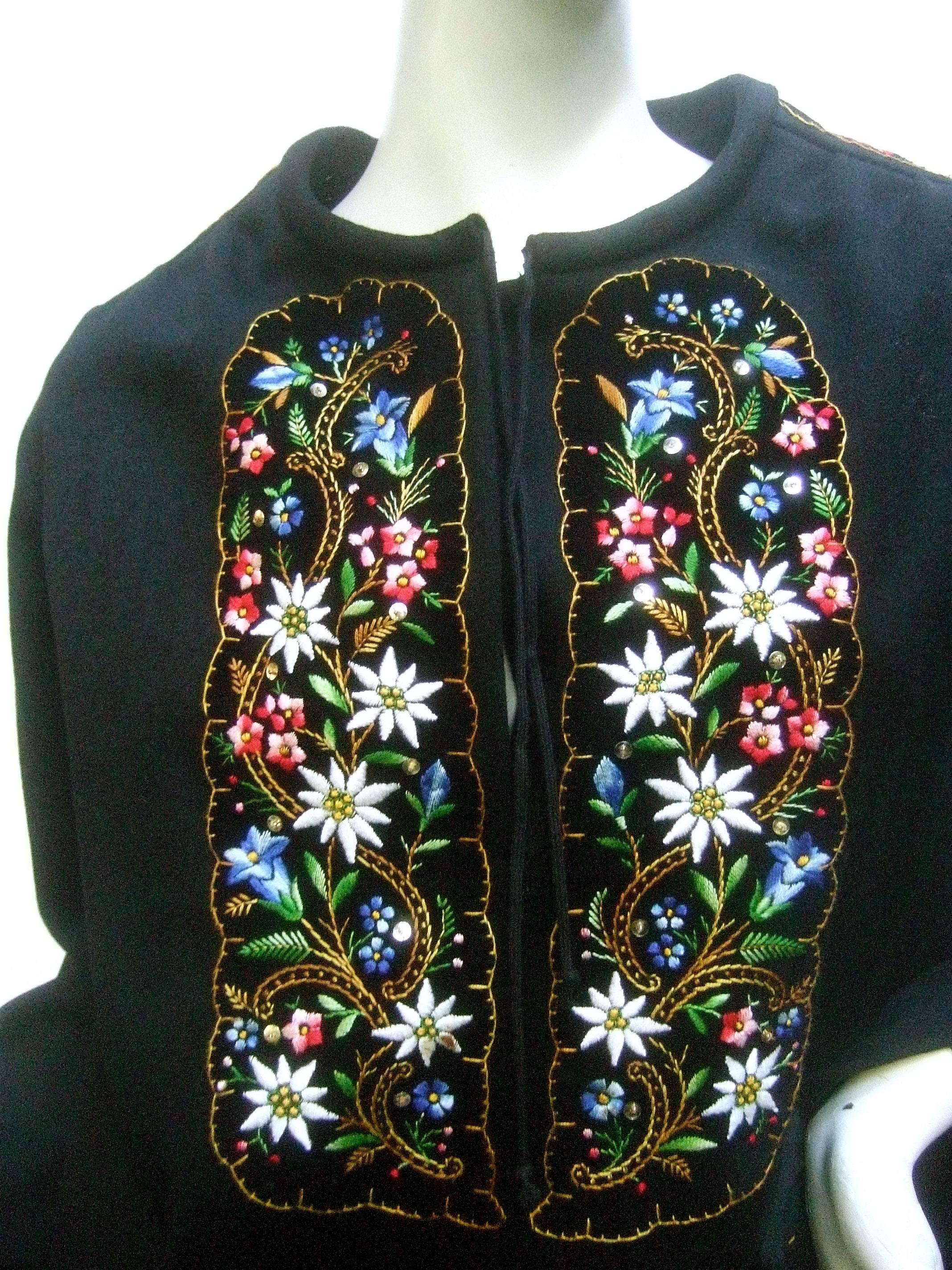 Saks Fifth Avenue Embroidered Black Wool Tunic from Switzerland c 1970s  In Good Condition In University City, MO