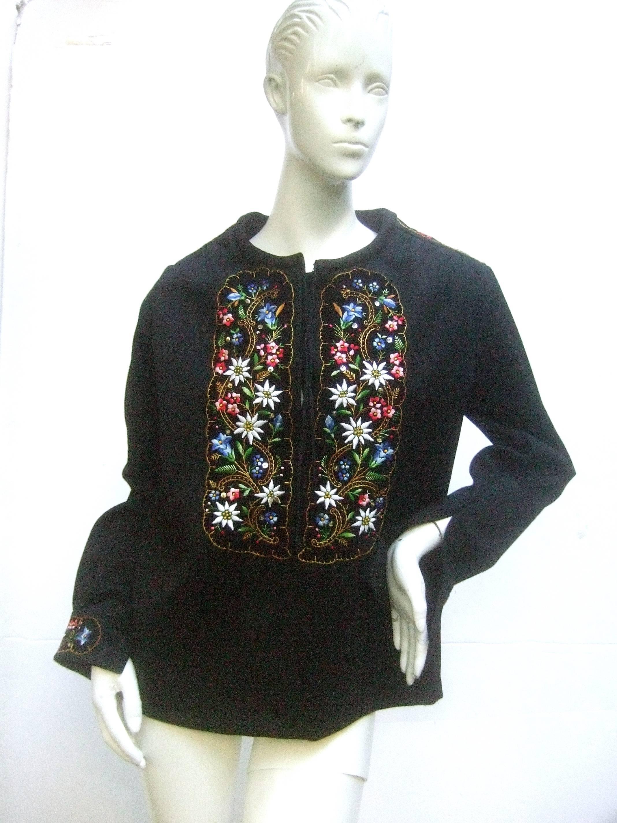 Women's Saks Fifth Avenue Embroidered Black Wool Tunic from Switzerland c 1970s 